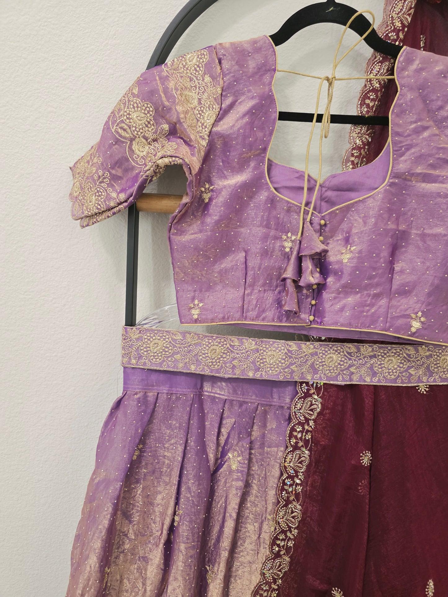 Royal Lilac Space Silk Lehenga Half Saree with Wine Dupatta | 34-40