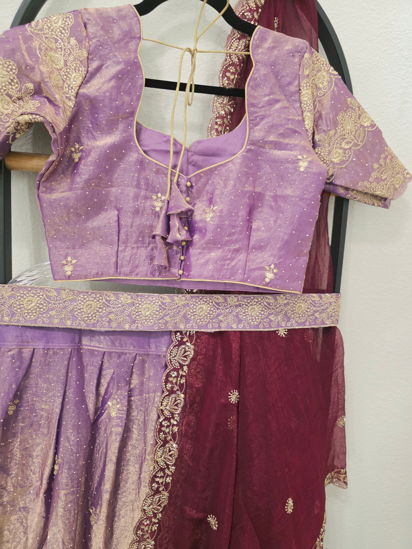 Royal Lilac Space Silk Lehenga Half Saree with Wine Dupatta | 34-40