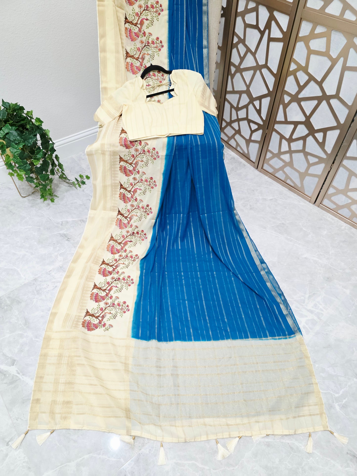 Peacock Blue & Ivory Semi Mysore Crepe Silk Saree with Embroidered Peacock Floral Border & Stitched Blouse Size 34, Extendable to 40