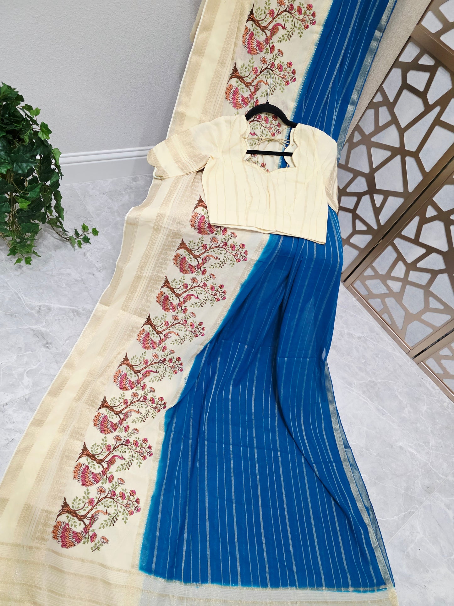 Peacock Blue & Ivory Semi Mysore Crepe Silk Saree with Embroidered Peacock Floral Border & Stitched Blouse Size 34, Extendable to 40