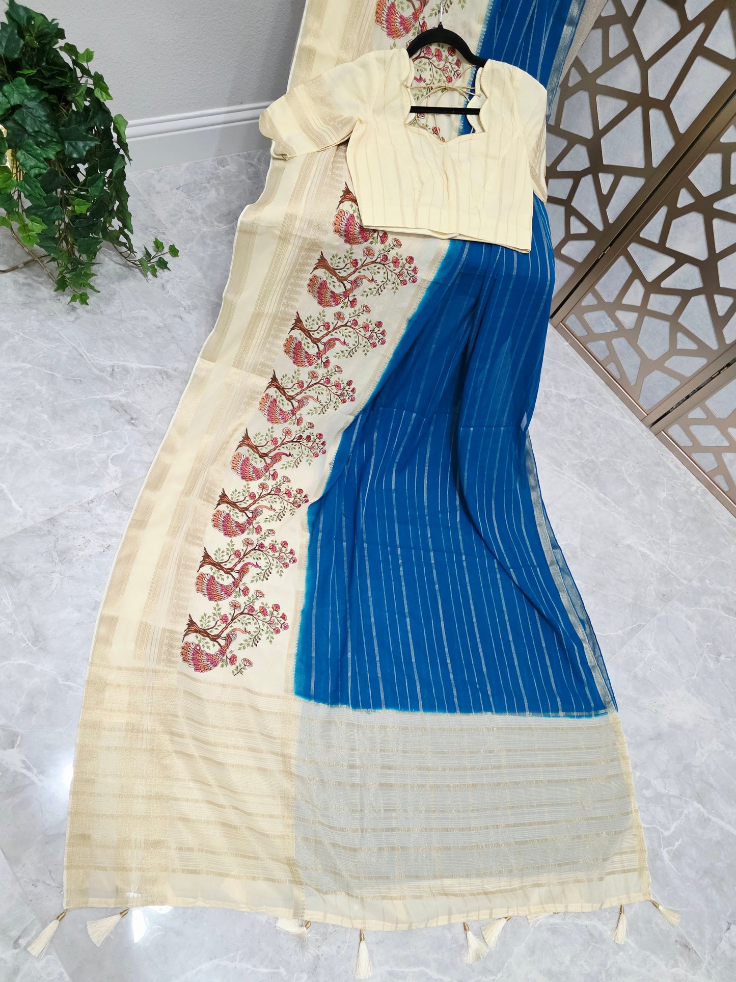 Peacock Blue & Ivory Semi Mysore Crepe Silk Saree with Embroidered Peacock Floral Border & Stitched Blouse Size 34, Extendable to 40
