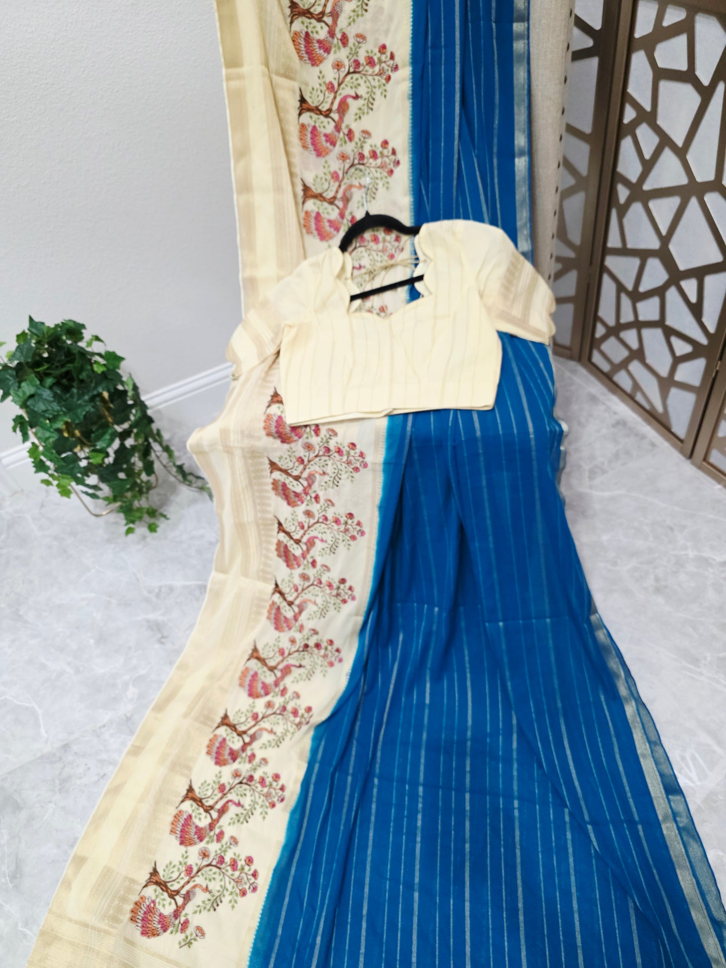 Peacock Blue & Ivory Semi Mysore Crepe Silk Saree with Embroidered Peacock Floral Border & Stitched Blouse Size 34, Extendable to 40
