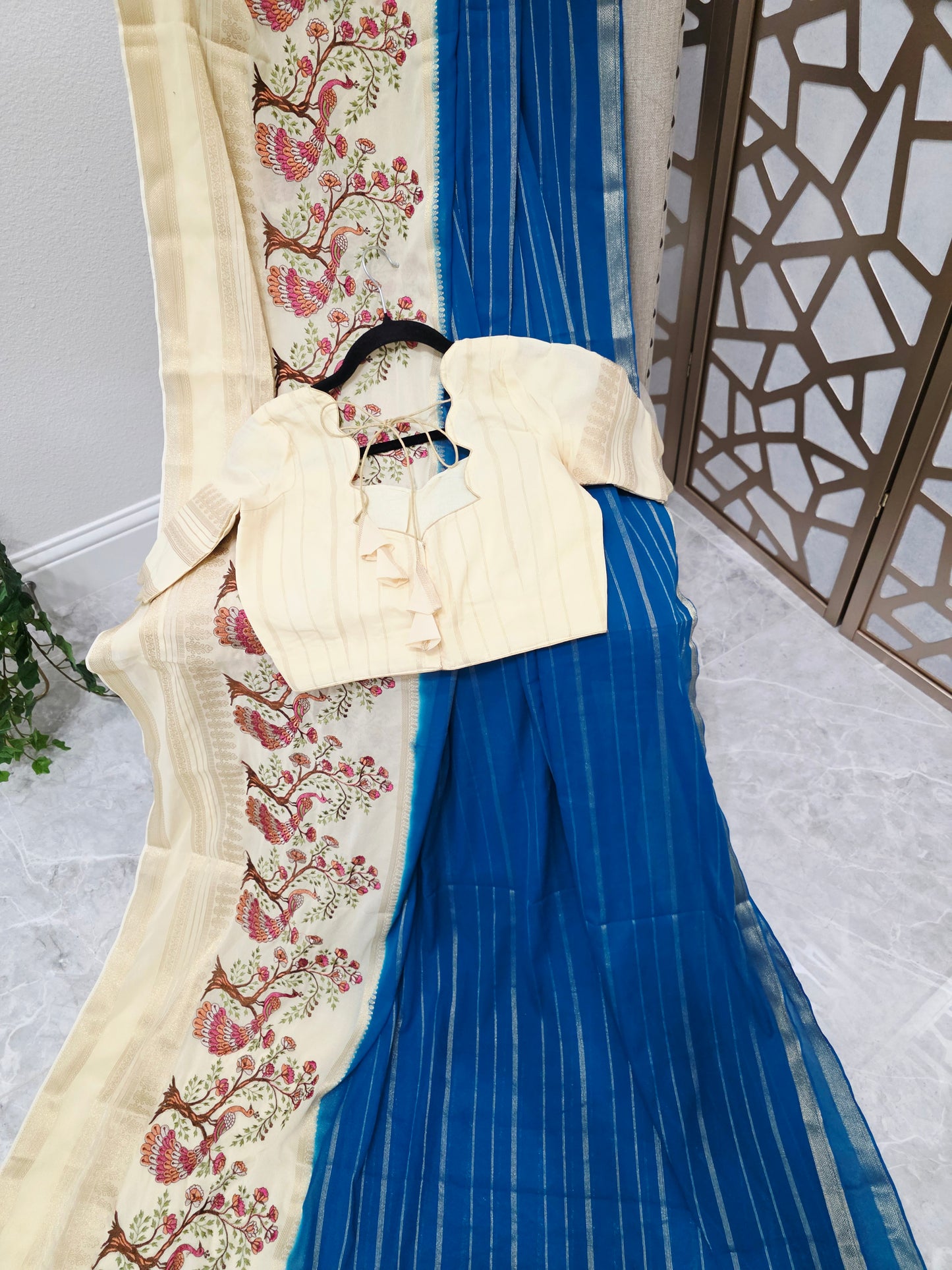 Peacock Blue & Ivory Semi Mysore Crepe Silk Saree with Embroidered Peacock Floral Border & Stitched Blouse Size 34, Extendable to 40