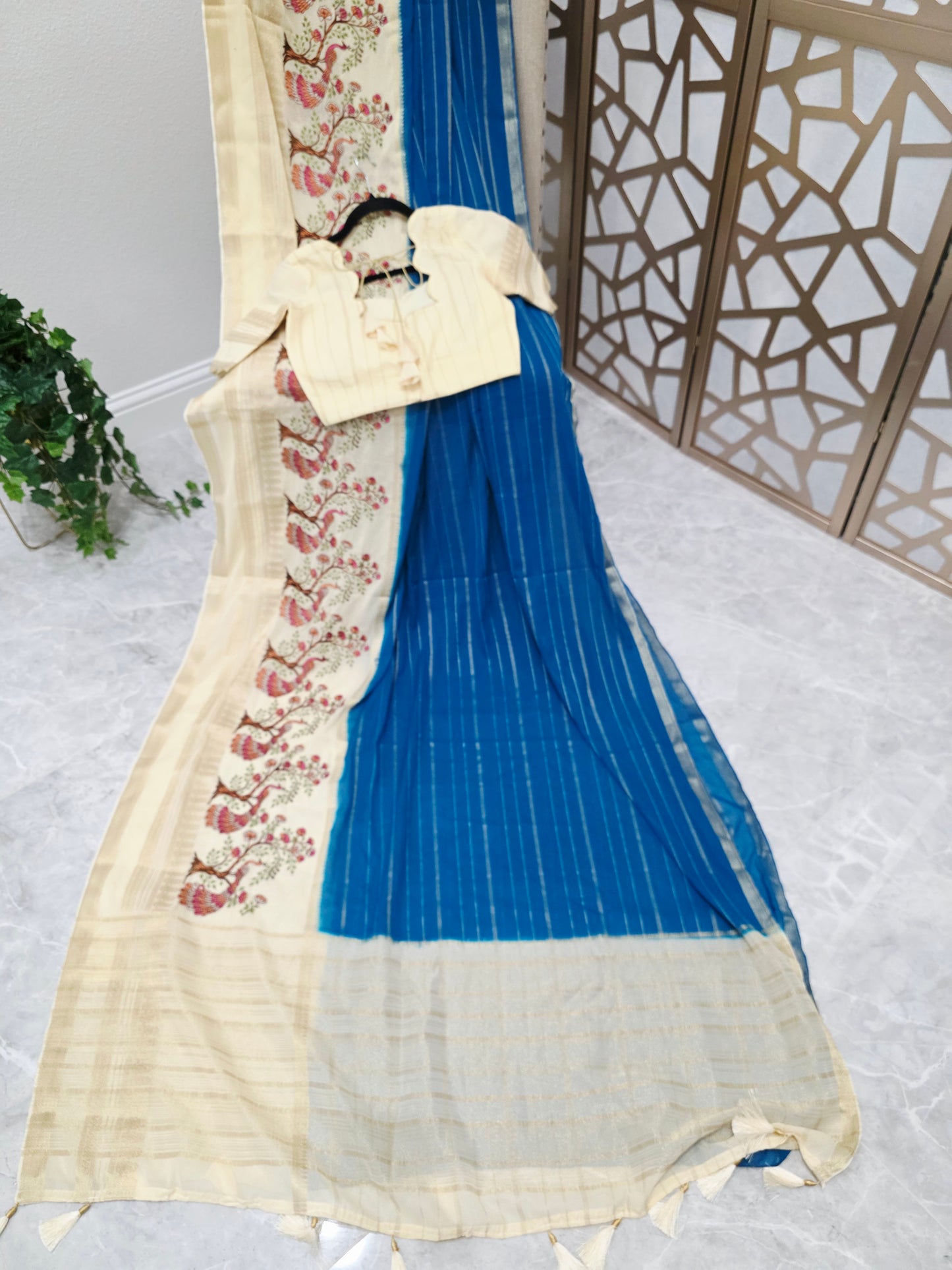 Peacock Blue & Ivory Semi Mysore Crepe Silk Saree with Embroidered Peacock Floral Border & Stitched Blouse Size 34, Extendable to 40