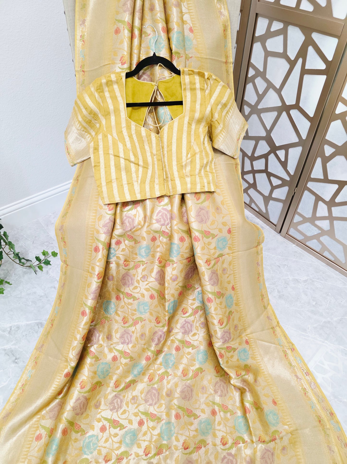 Champagne Yellow Gold Benarasi Paithani Floral Brocade Saree with Golden Yellow Striped Blouse Size 38, Extendable to 44