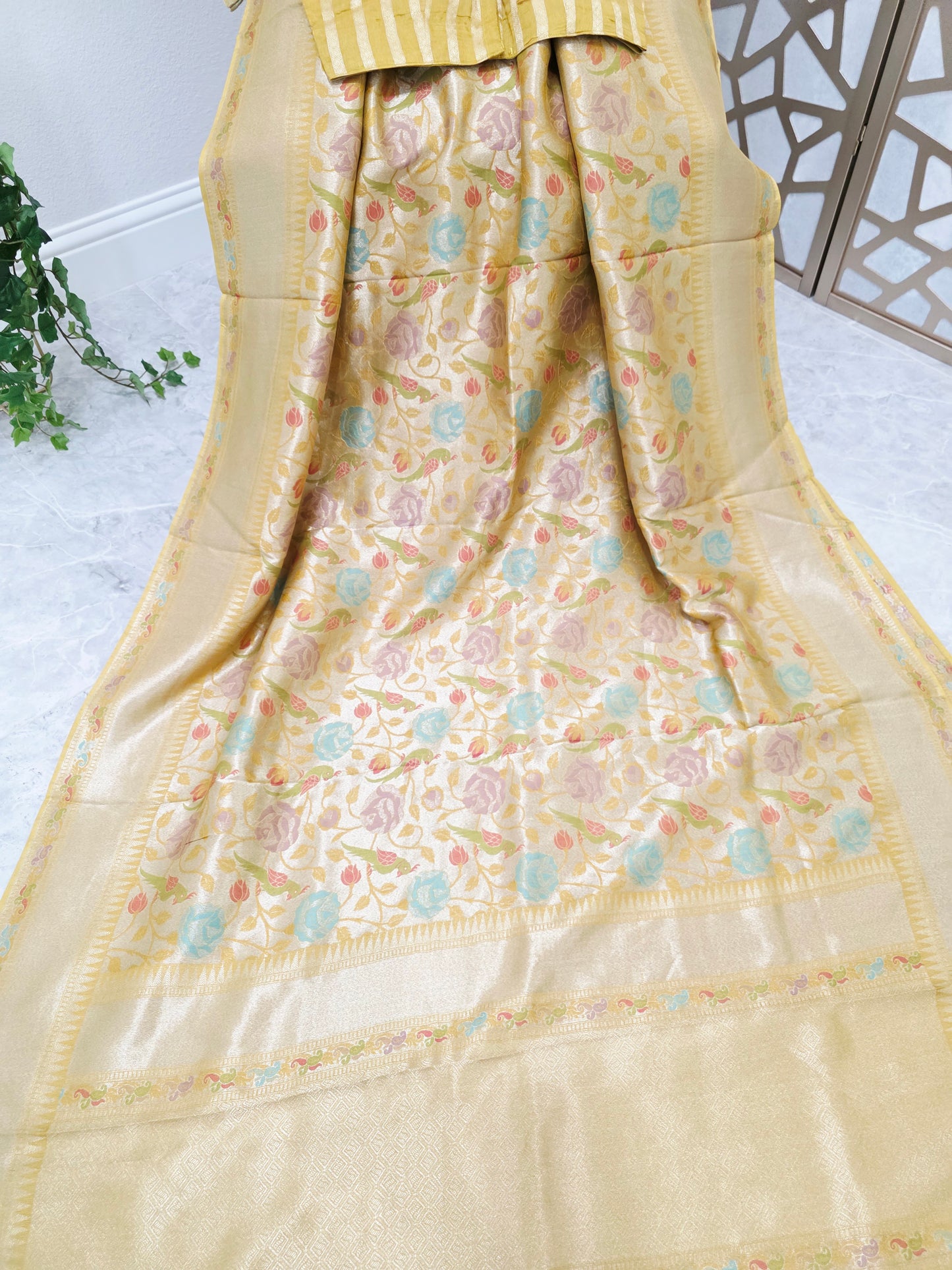 Champagne Yellow Gold Benarasi Paithani Floral Brocade Saree with Golden Yellow Striped Blouse Size 38, Extendable to 44