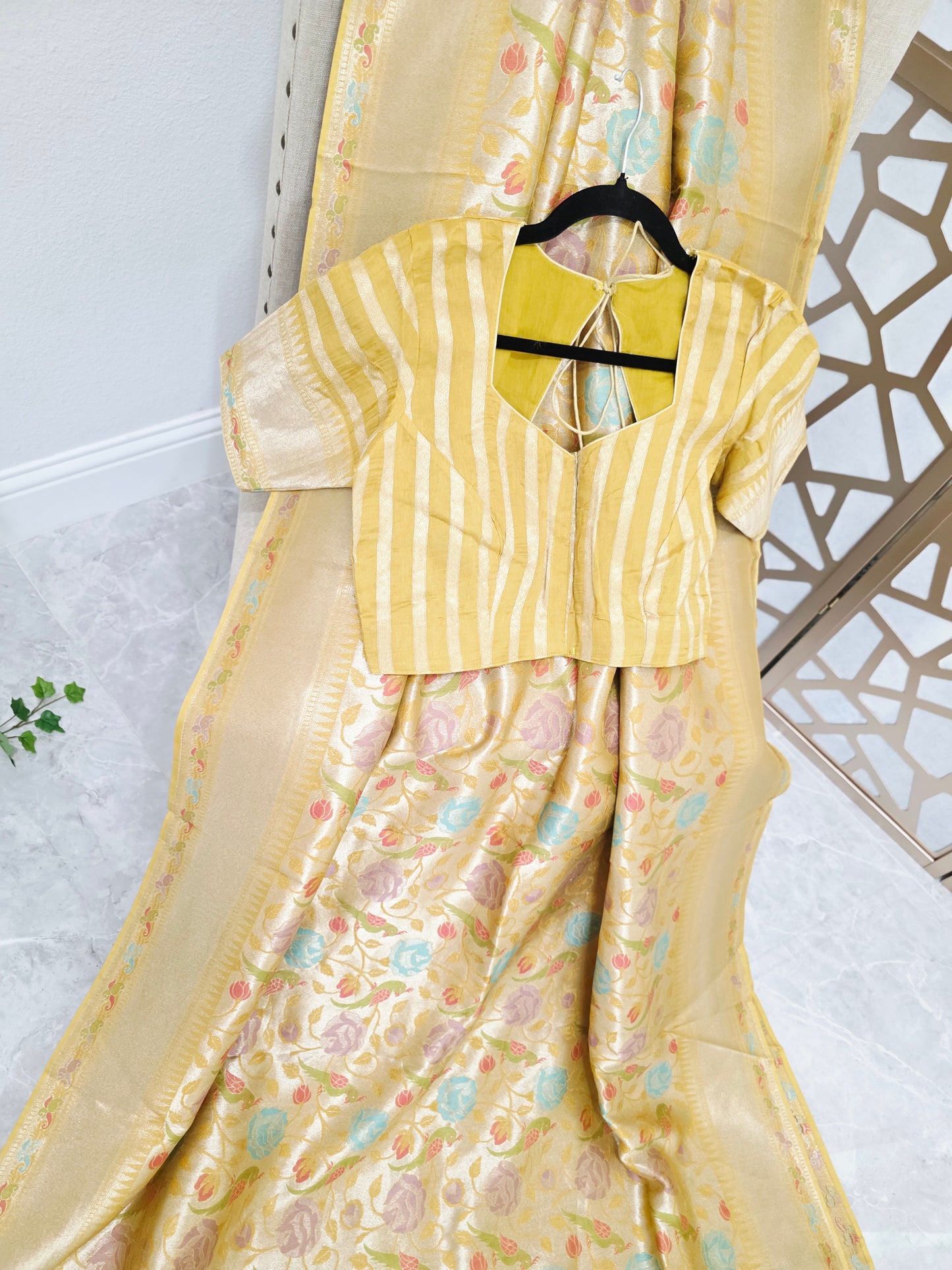 Champagne Yellow Gold Benarasi Paithani Floral Brocade Saree with Golden Yellow Striped Blouse Size 38, Extendable to 44