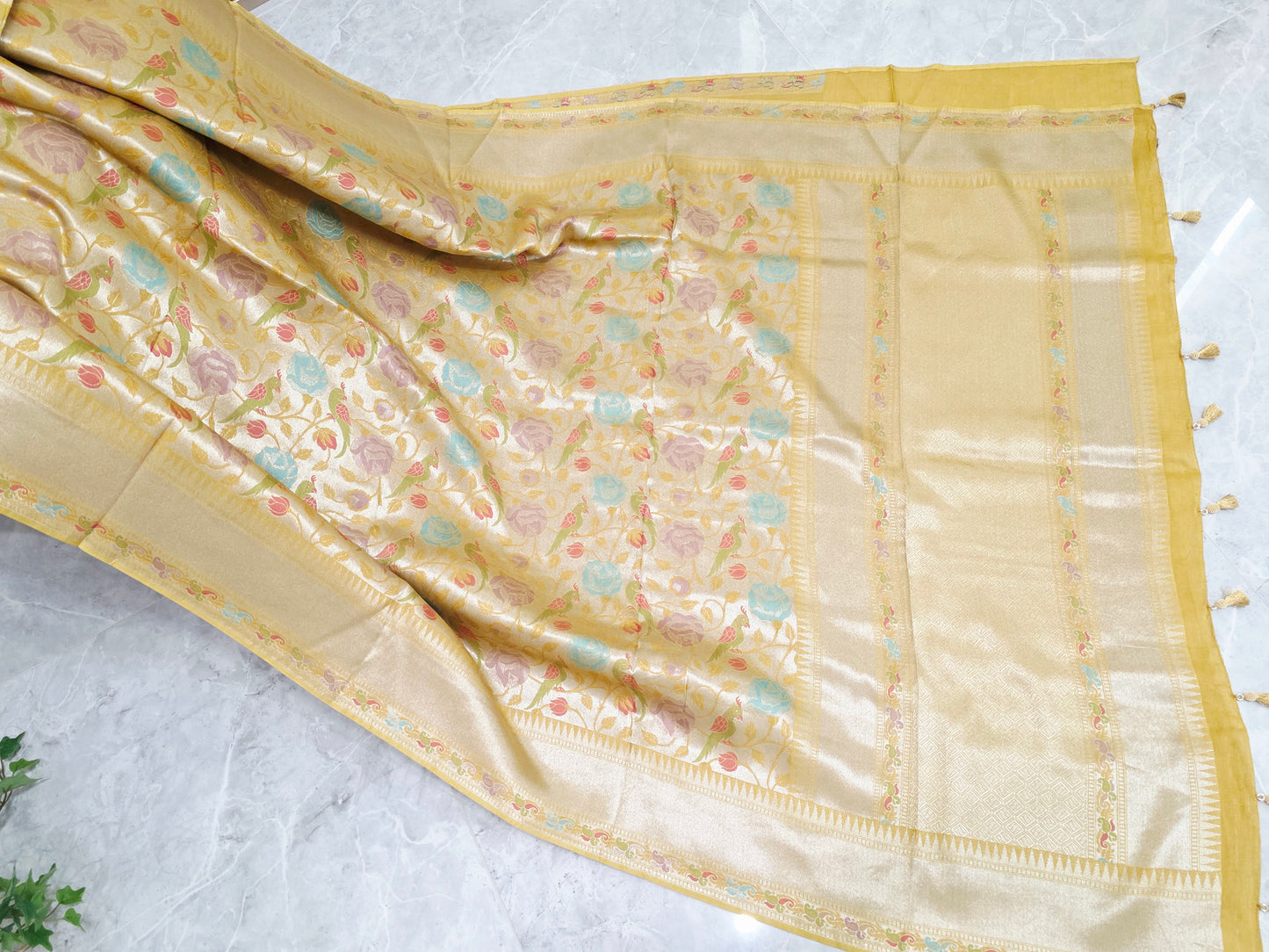 Champagne Yellow Gold Benarasi Paithani Floral Brocade Saree with Golden Yellow Striped Blouse Size 38, Extendable to 44