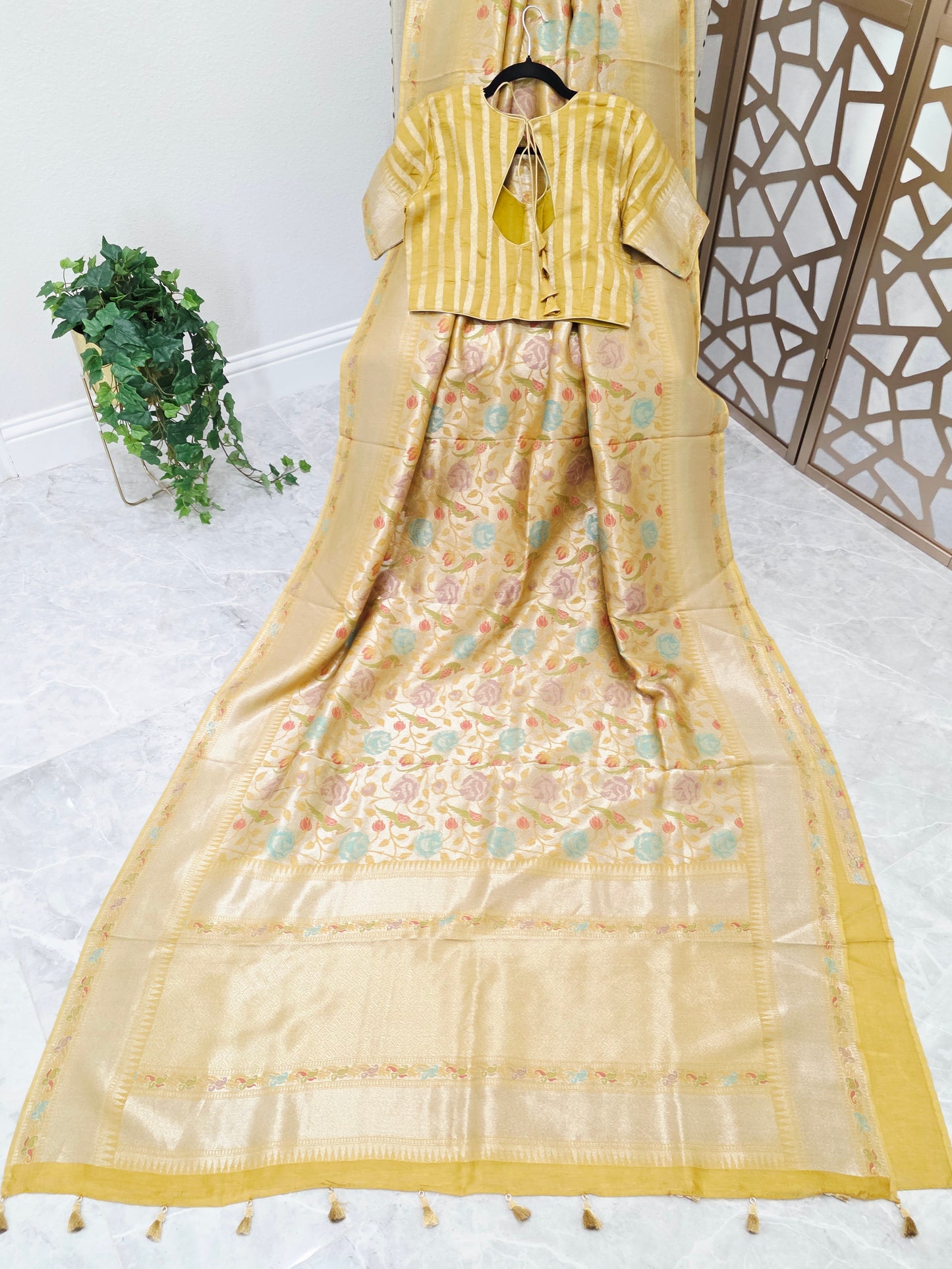 Champagne Yellow Gold Benarasi Paithani Floral Brocade Saree with Golden Yellow Striped Blouse Size 38, Extendable to 44