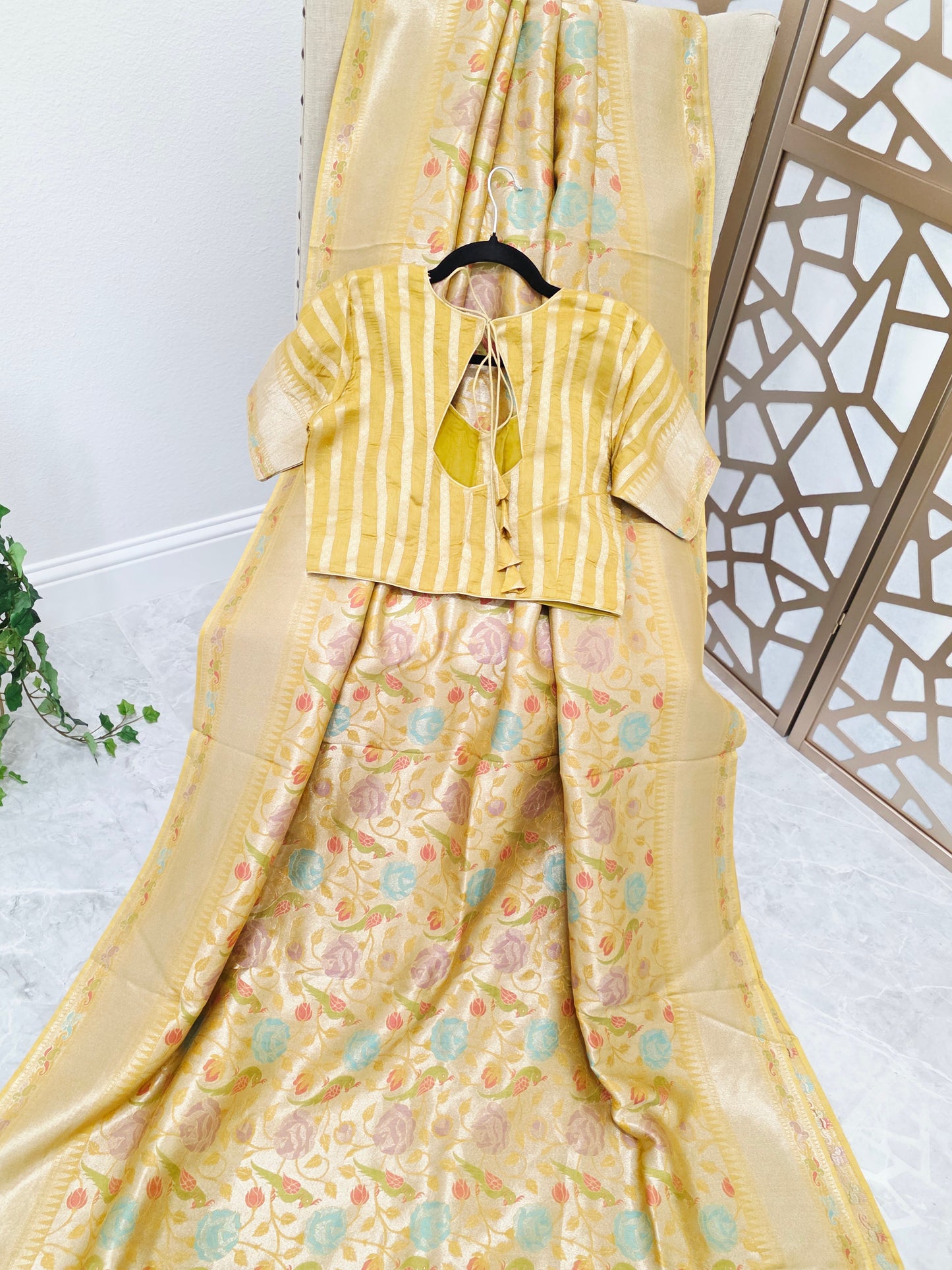 Champagne Yellow Gold Benarasi Paithani Floral Brocade Saree with Golden Yellow Striped Blouse Size 38, Extendable to 44