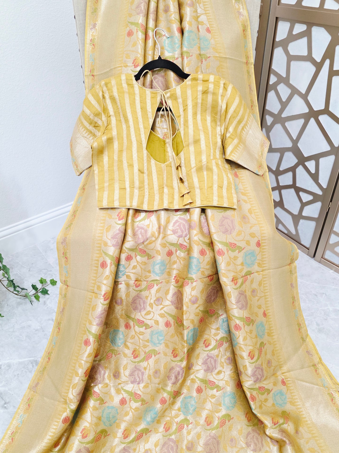Champagne Yellow Gold Benarasi Paithani Floral Brocade Saree with Golden Yellow Striped Blouse Size 38, Extendable to 44