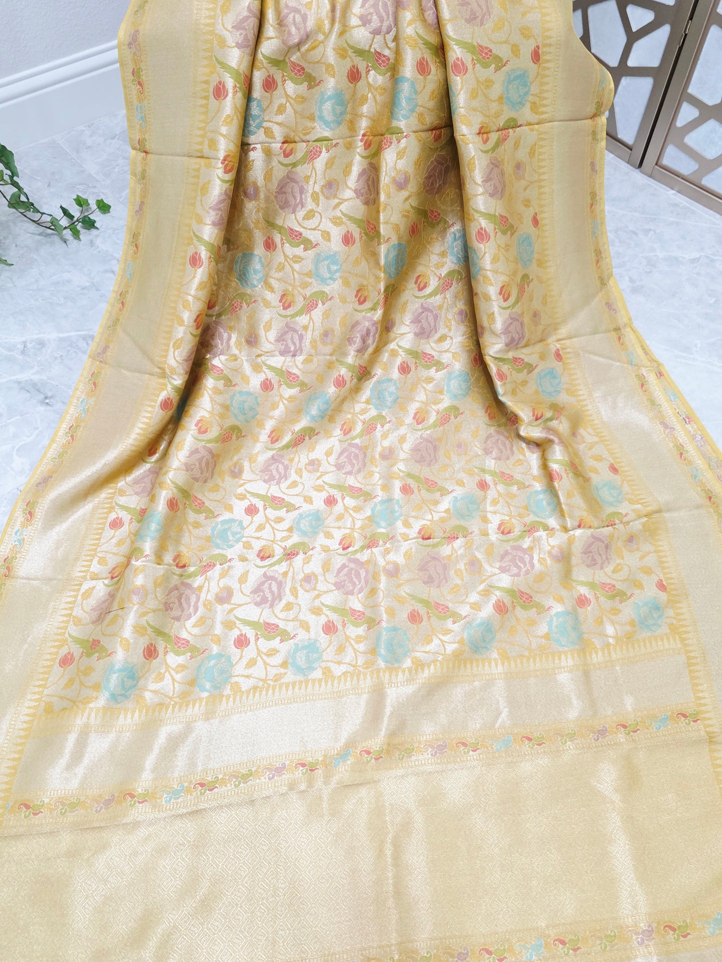 Champagne Yellow Gold Benarasi Paithani Floral Brocade Saree with Golden Yellow Striped Blouse Size 38, Extendable to 44