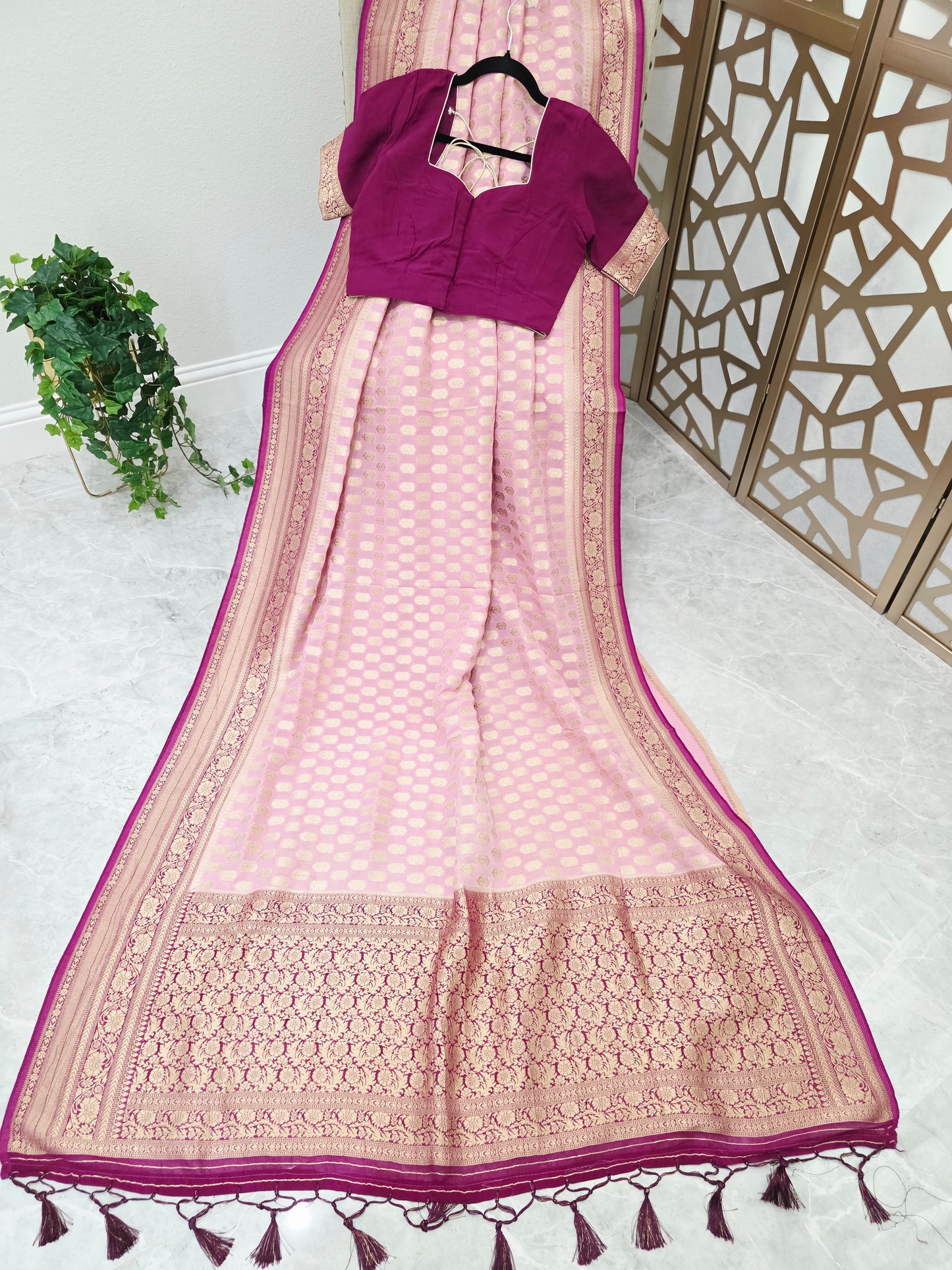 Blush Pink Premium Viscose Georgette Saree with Gold-Toned Floral Borders & Magenta Stitched Blouse Size 36, Extendable to 42
