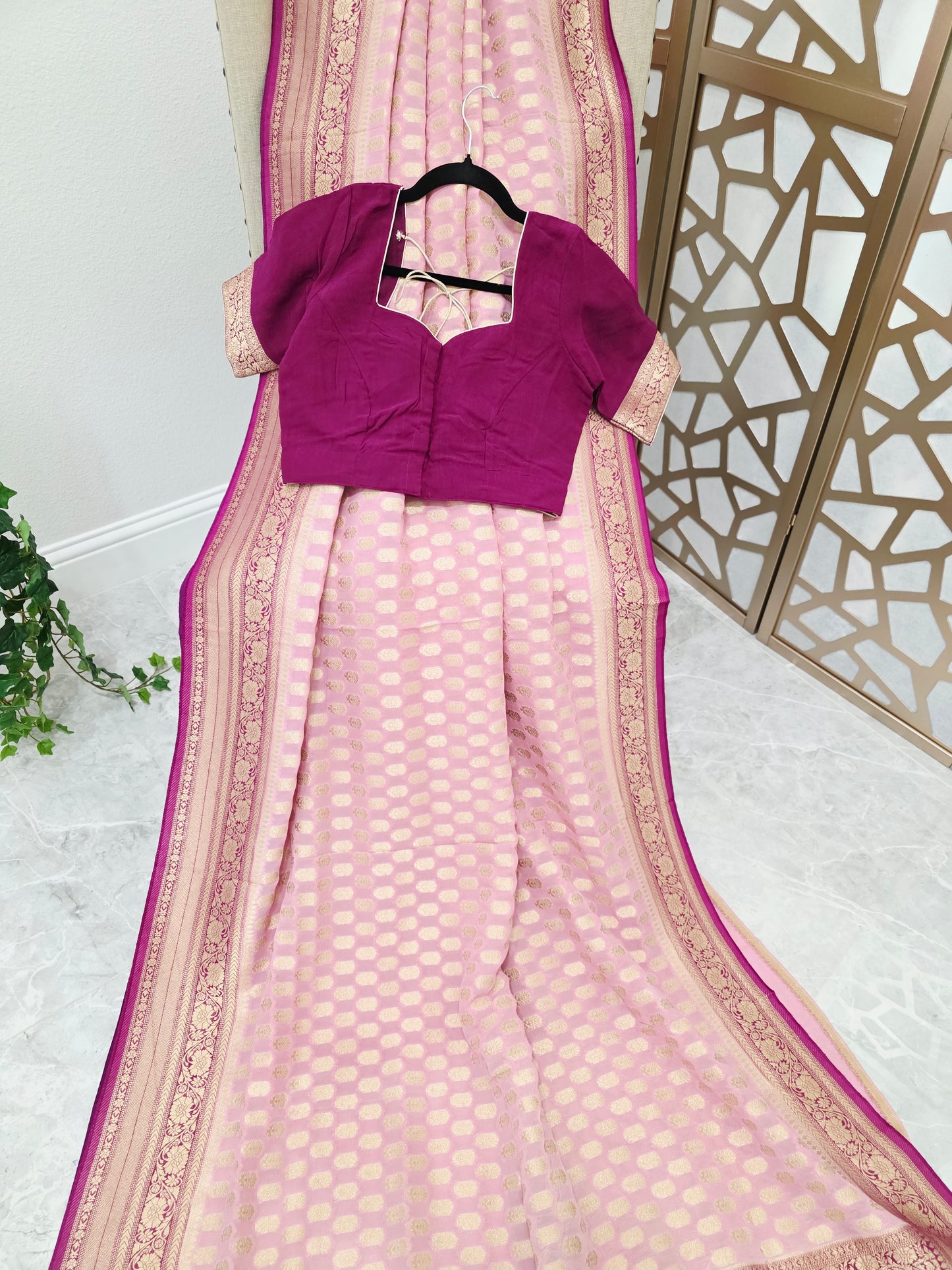 Blush Pink Premium Viscose Georgette Saree with Gold-Toned Floral Borders & Magenta Stitched Blouse Size 36, Extendable to 42