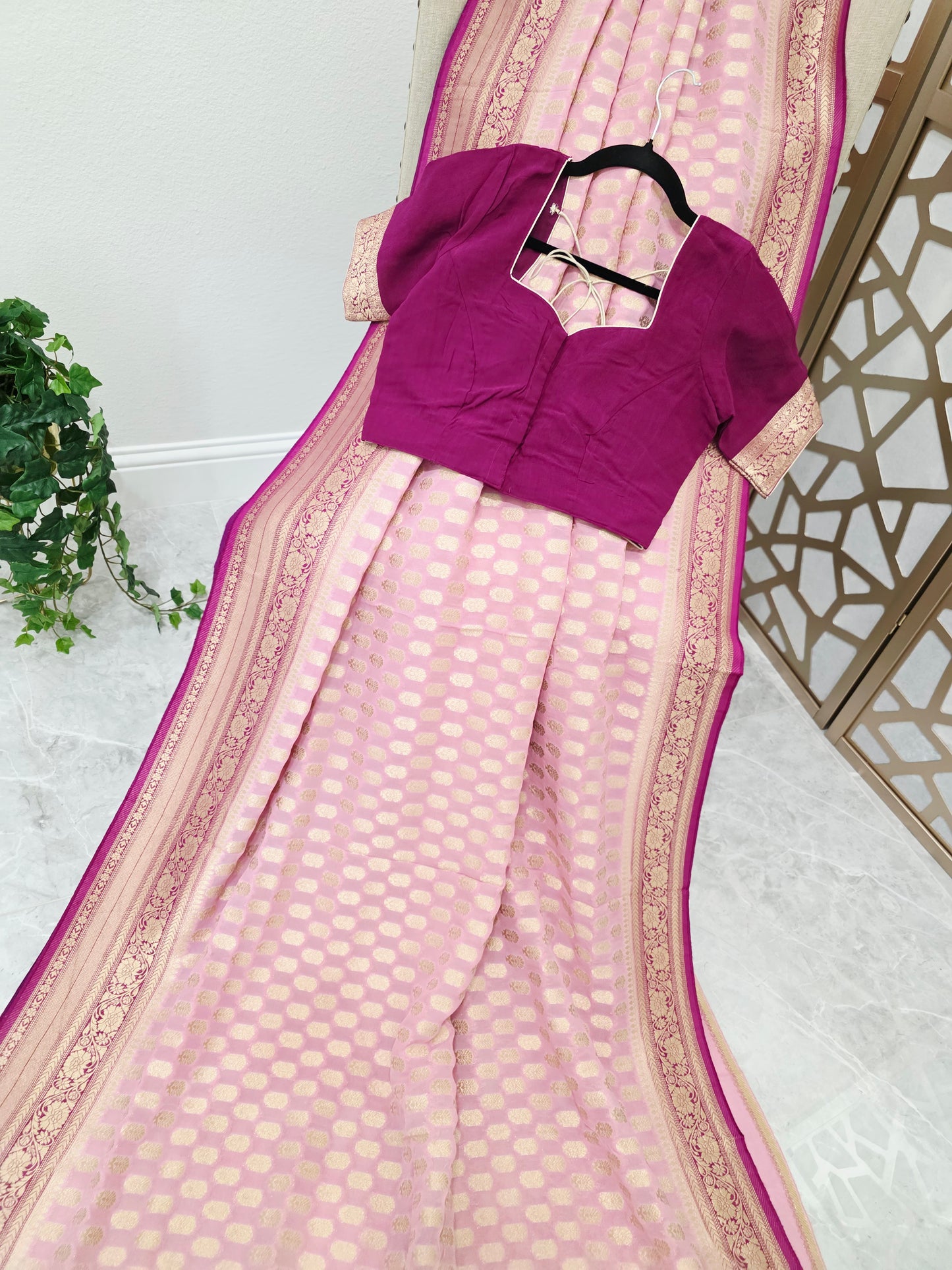 Blush Pink Premium Viscose Georgette Saree with Gold-Toned Floral Borders & Magenta Stitched Blouse Size 36, Extendable to 42