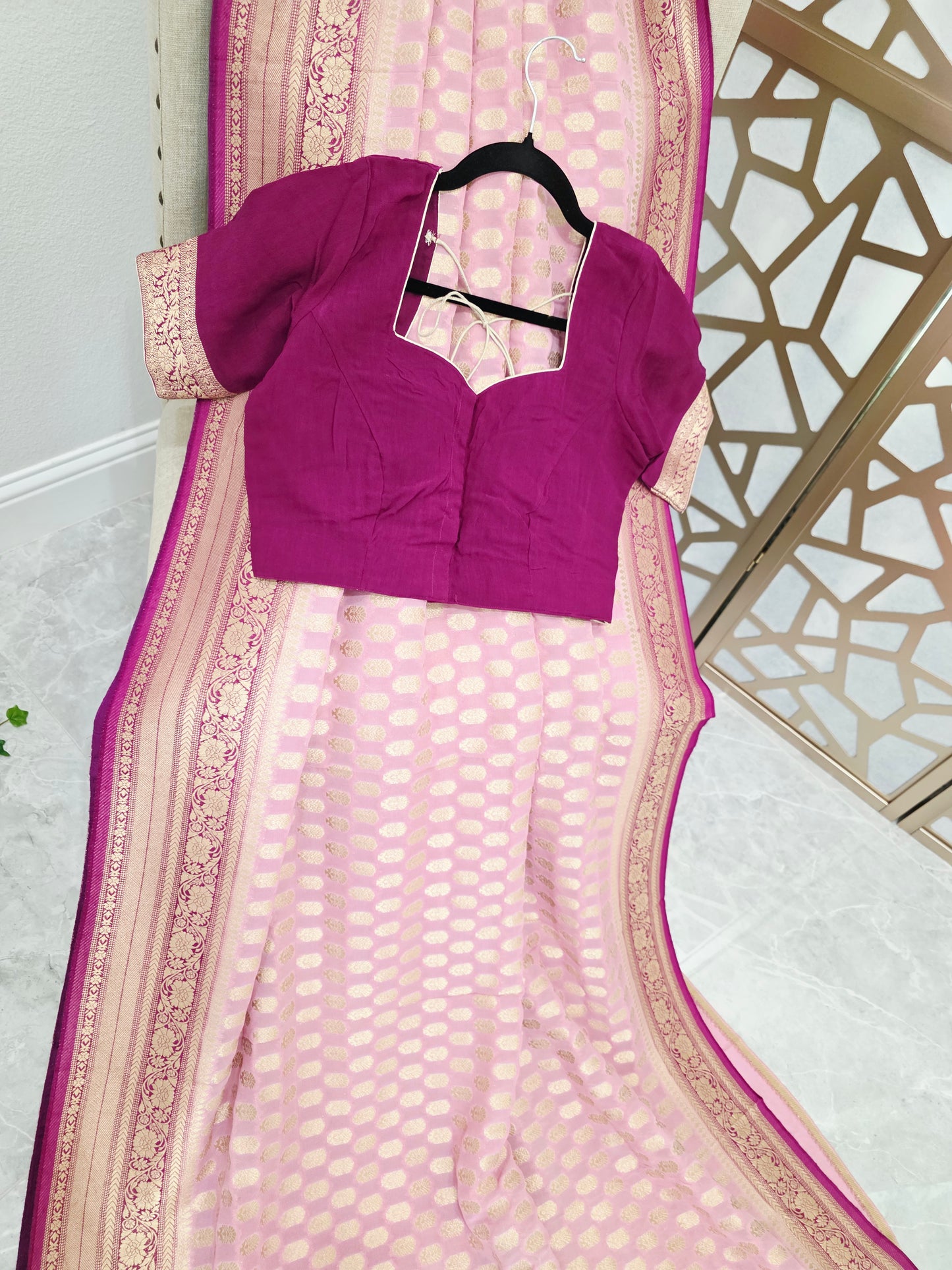 Blush Pink Premium Viscose Georgette Saree with Gold-Toned Floral Borders & Magenta Stitched Blouse Size 36, Extendable to 42