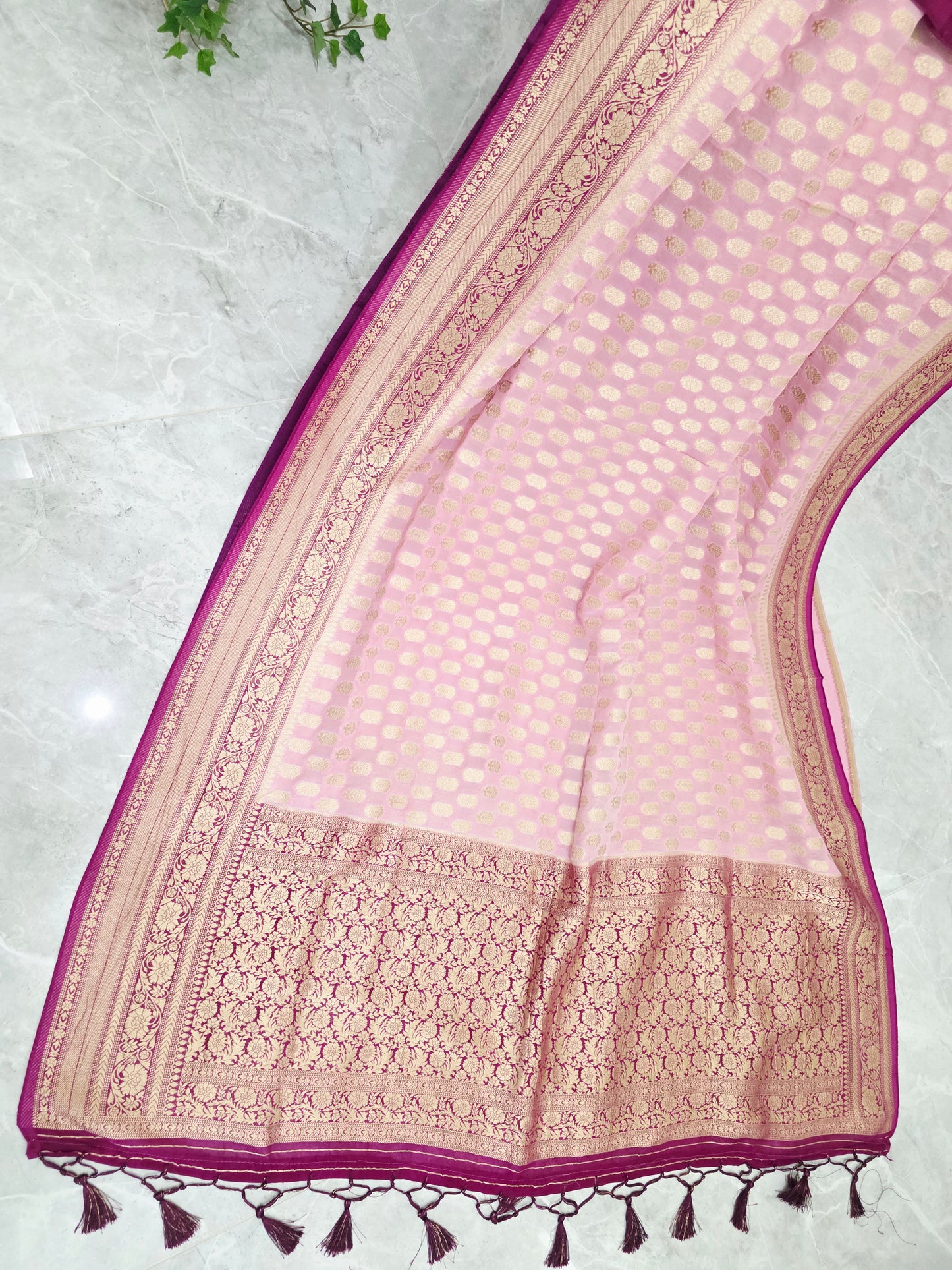 Blush Pink Premium Viscose Georgette Saree with Gold-Toned Floral Borders & Magenta Stitched Blouse Size 36, Extendable to 42