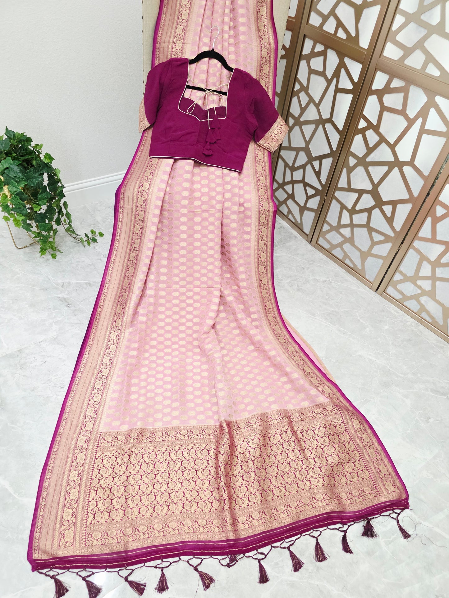 Blush Pink Premium Viscose Georgette Saree with Gold-Toned Floral Borders & Magenta Stitched Blouse Size 36, Extendable to 42