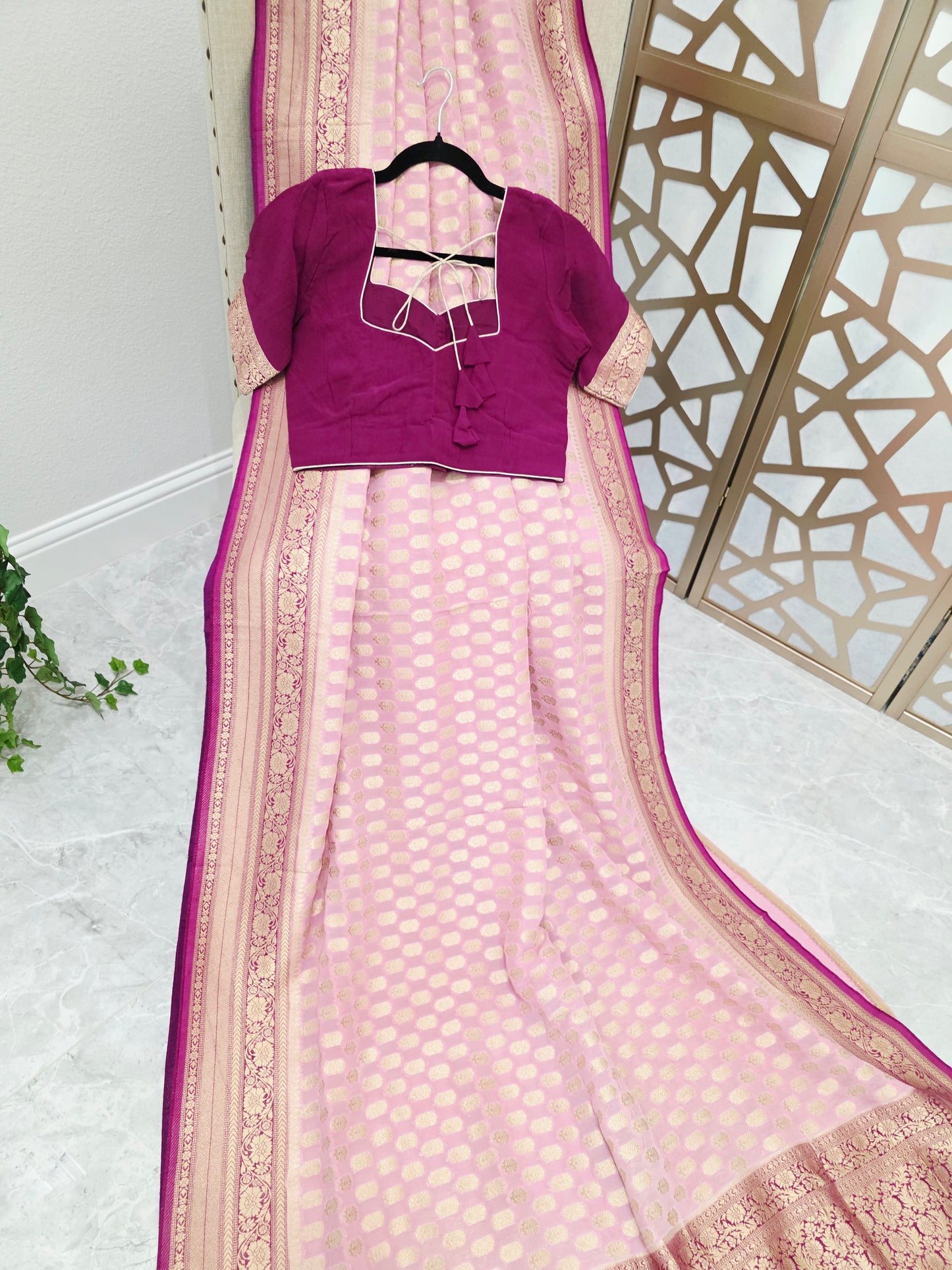 Blush Pink Premium Viscose Georgette Saree with Gold-Toned Floral Borders & Magenta Stitched Blouse Size 36, Extendable to 42