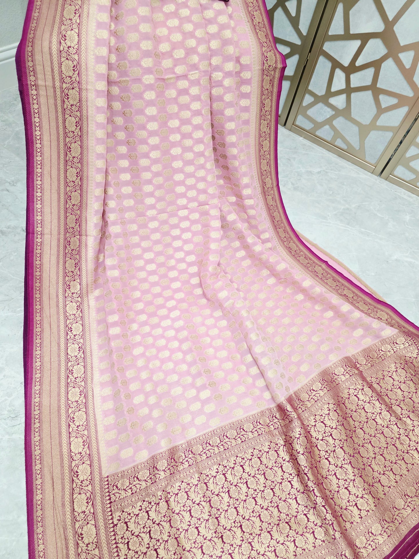 Blush Pink Premium Viscose Georgette Saree with Gold-Toned Floral Borders & Magenta Stitched Blouse Size 36, Extendable to 42