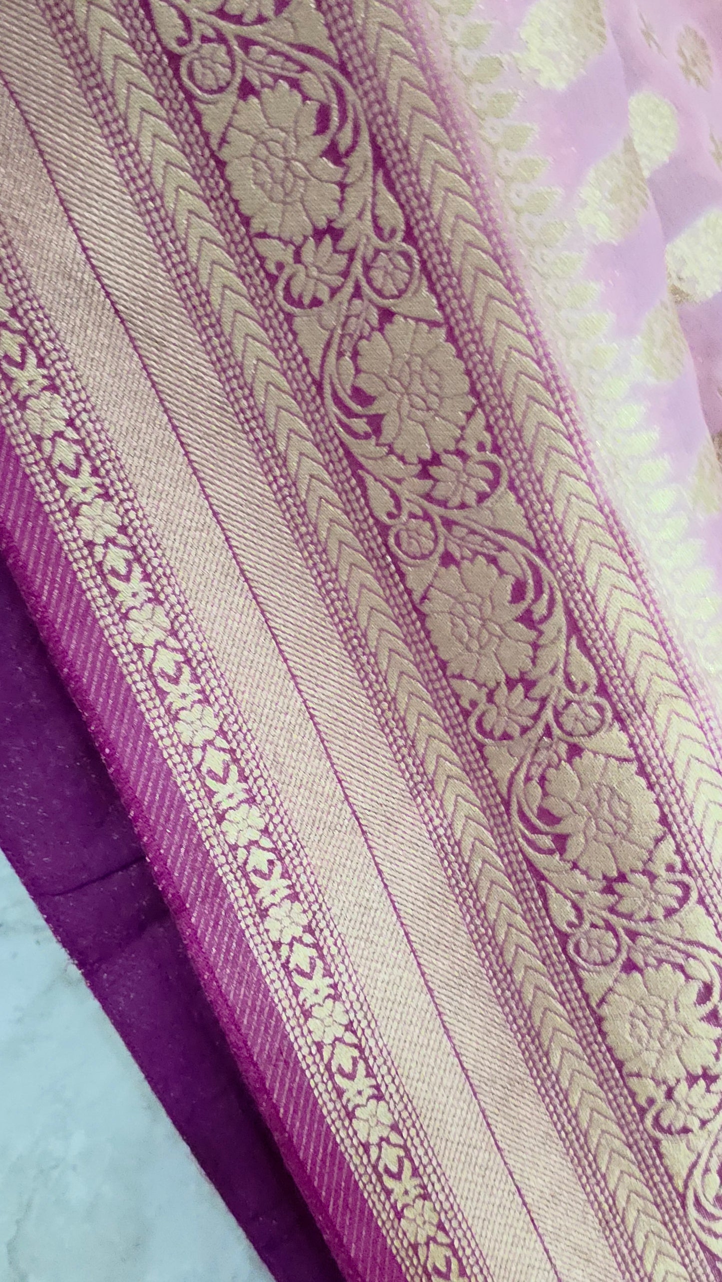 Blush Pink Premium Viscose Georgette Saree with Gold-Toned Floral Borders & Magenta Stitched Blouse Size 36, Extendable to 42
