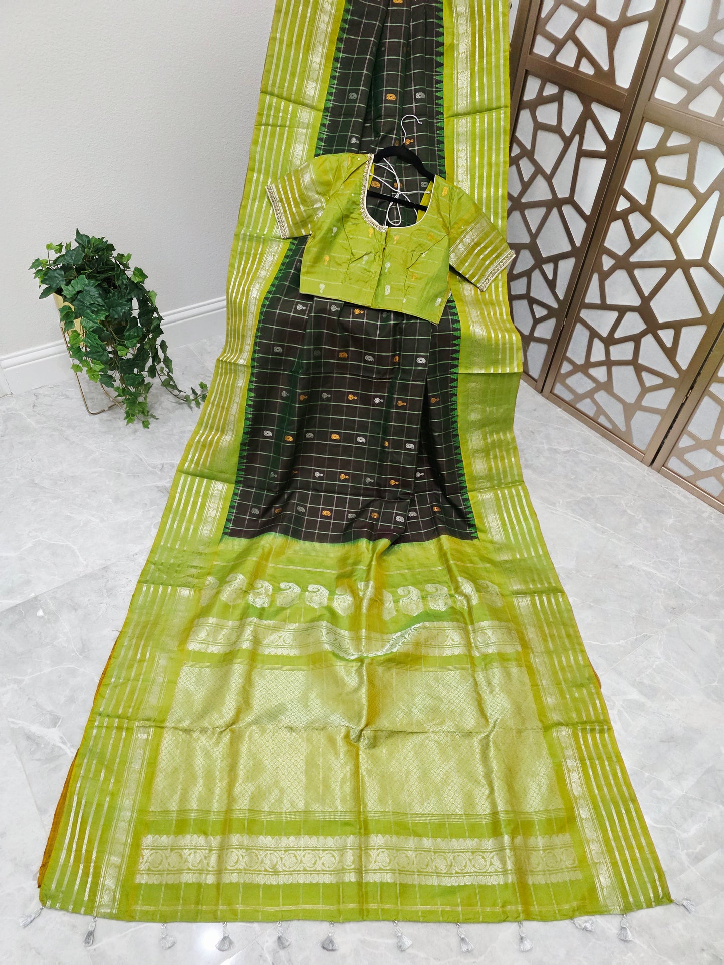 Dark Bottle Green Pure Gadwal Handloom Silk Saree with Lime Green Borders & Stitched Maggam Blouse Size 36, Extendable to 42