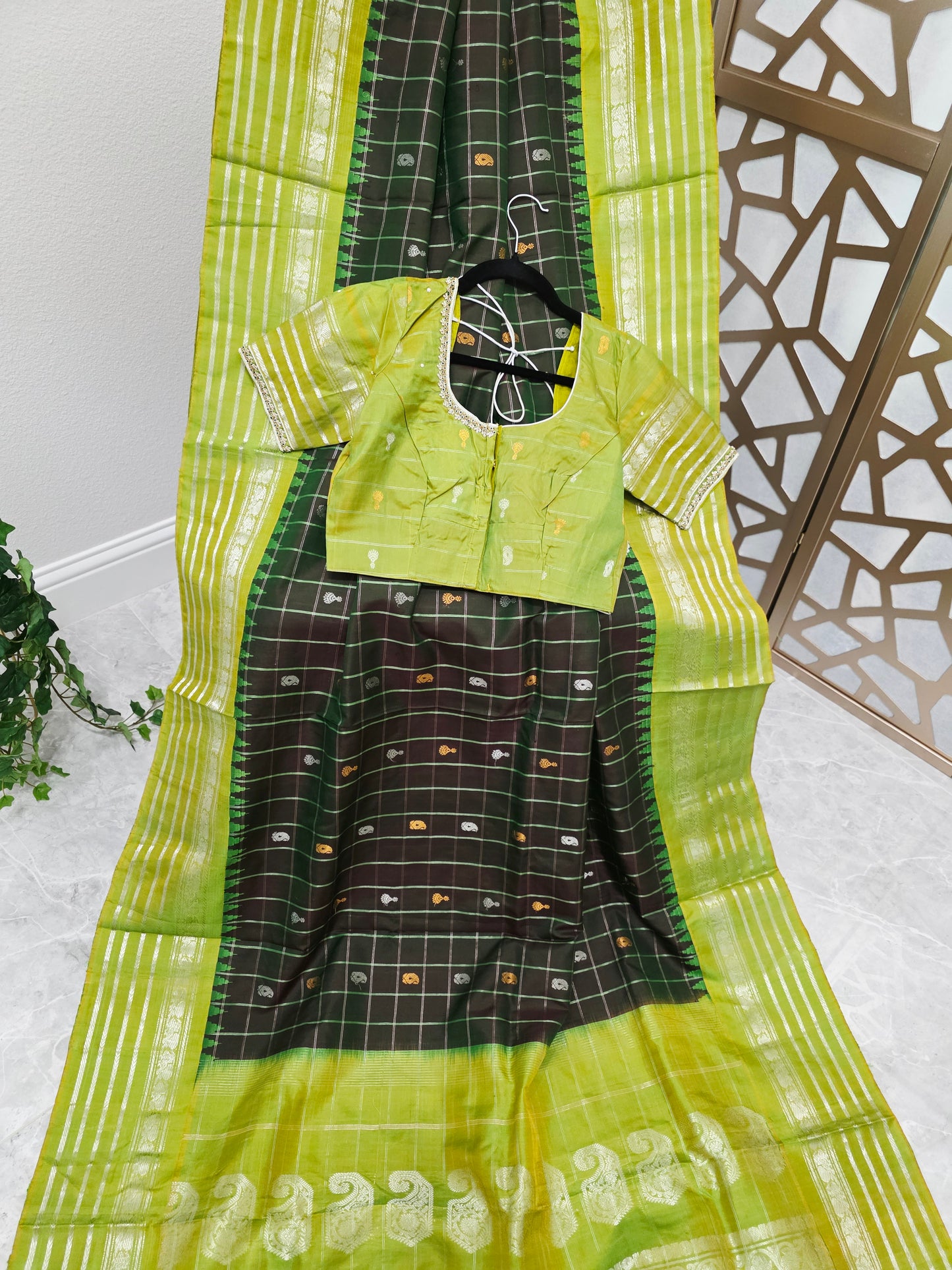 Dark Bottle Green Pure Gadwal Handloom Silk Saree with Lime Green Borders & Stitched Maggam Blouse Size 36, Extendable to 42