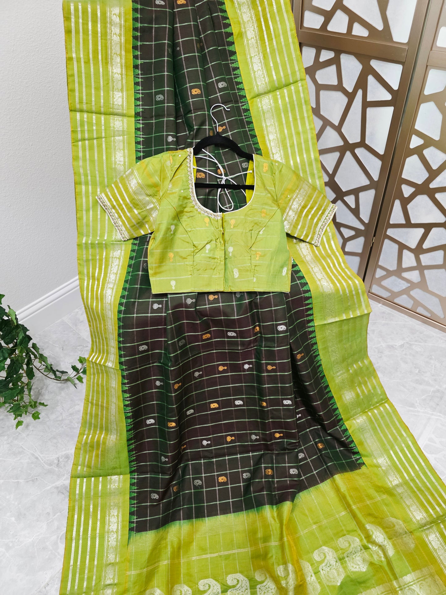 Dark Bottle Green Pure Gadwal Handloom Silk Saree with Lime Green Borders & Stitched Maggam Blouse Size 36, Extendable to 42