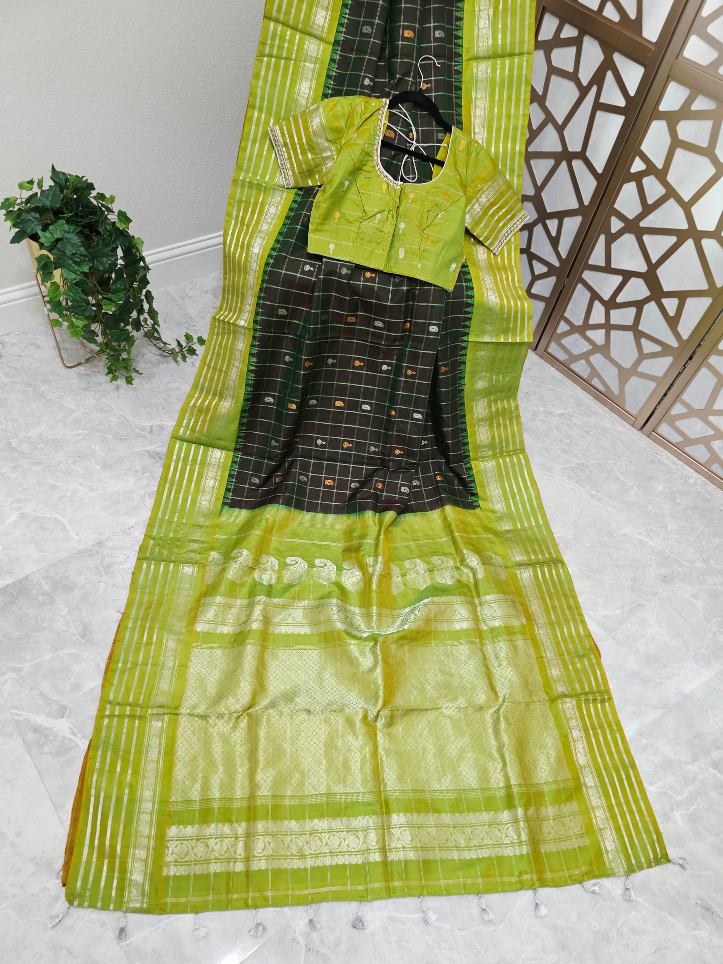 Dark Bottle Green Pure Gadwal Handloom Silk Saree with Lime Green Borders & Stitched Maggam Blouse Size 36, Extendable to 42