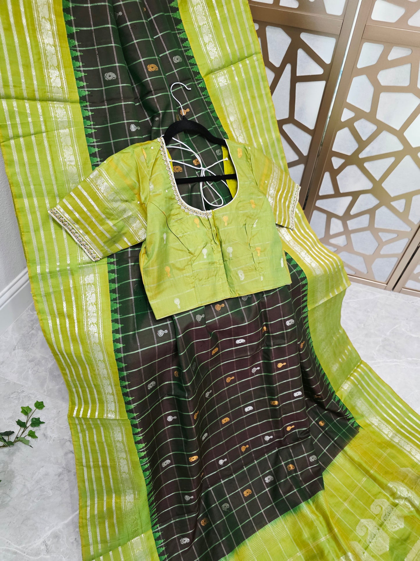 Dark Bottle Green Pure Gadwal Handloom Silk Saree with Lime Green Borders & Stitched Maggam Blouse Size 36, Extendable to 42