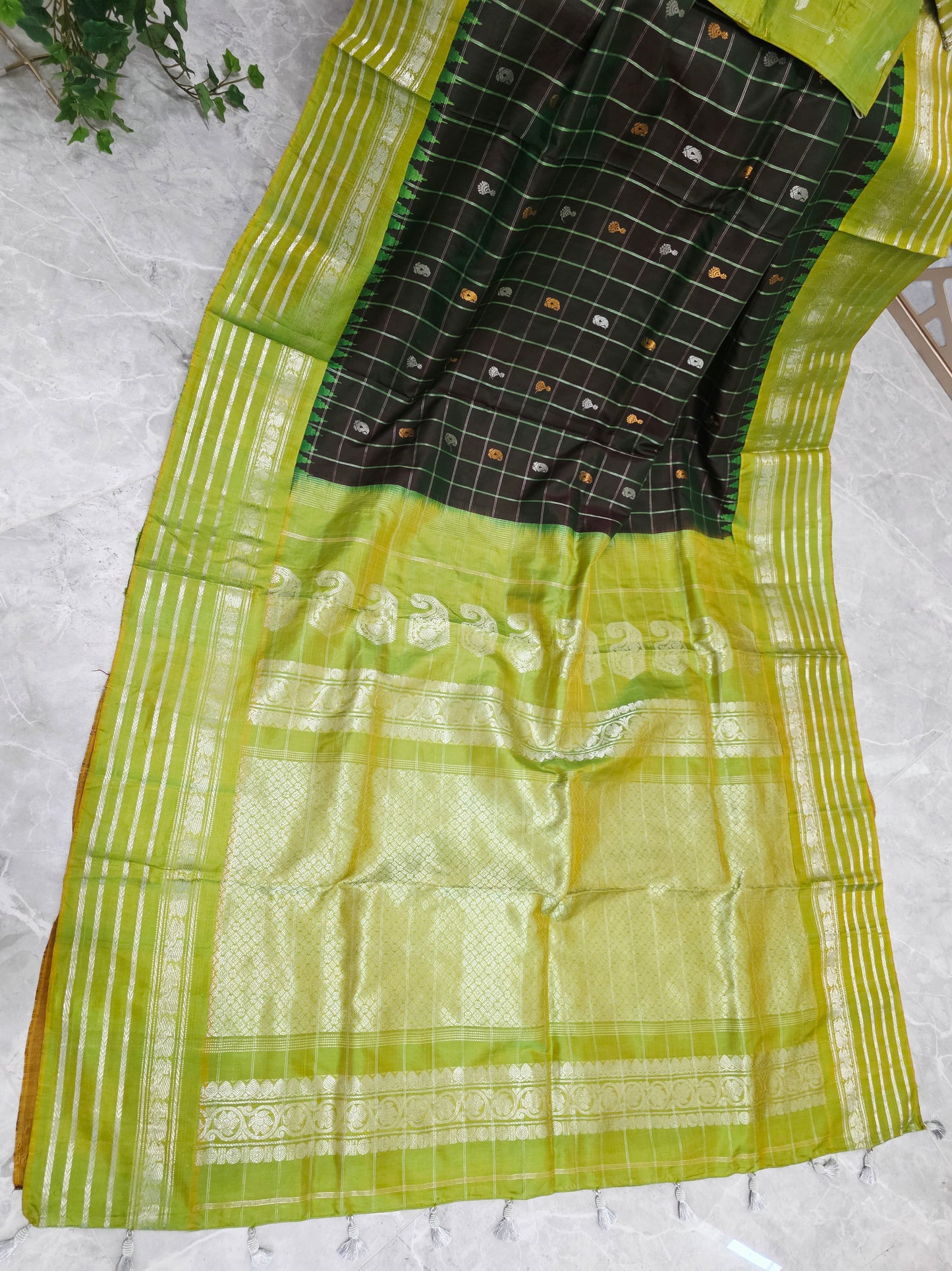 Dark Bottle Green Pure Gadwal Handloom Silk Saree with Lime Green Borders & Stitched Maggam Blouse Size 36, Extendable to 42