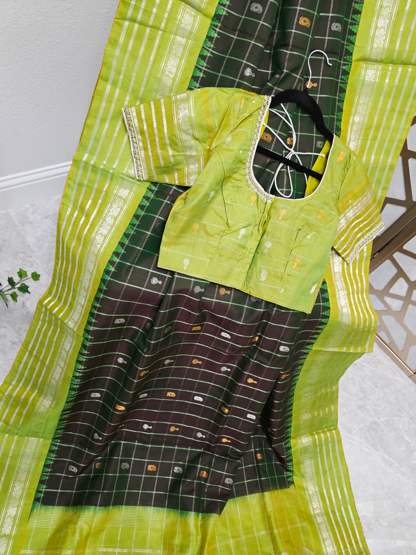 Dark Bottle Green Pure Gadwal Handloom Silk Saree with Lime Green Borders & Stitched Maggam Blouse Size 36, Extendable to 42