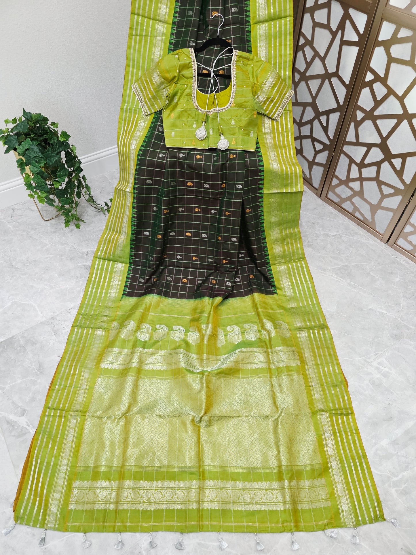 Dark Bottle Green Pure Gadwal Handloom Silk Saree with Lime Green Borders & Stitched Maggam Blouse Size 36, Extendable to 42