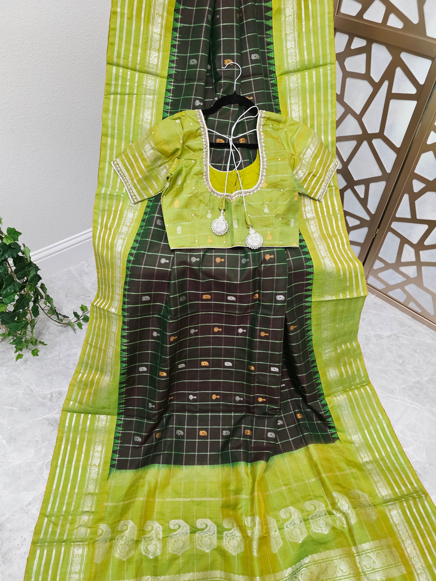 Dark Bottle Green Pure Gadwal Handloom Silk Saree with Lime Green Borders & Stitched Maggam Blouse Size 36, Extendable to 42