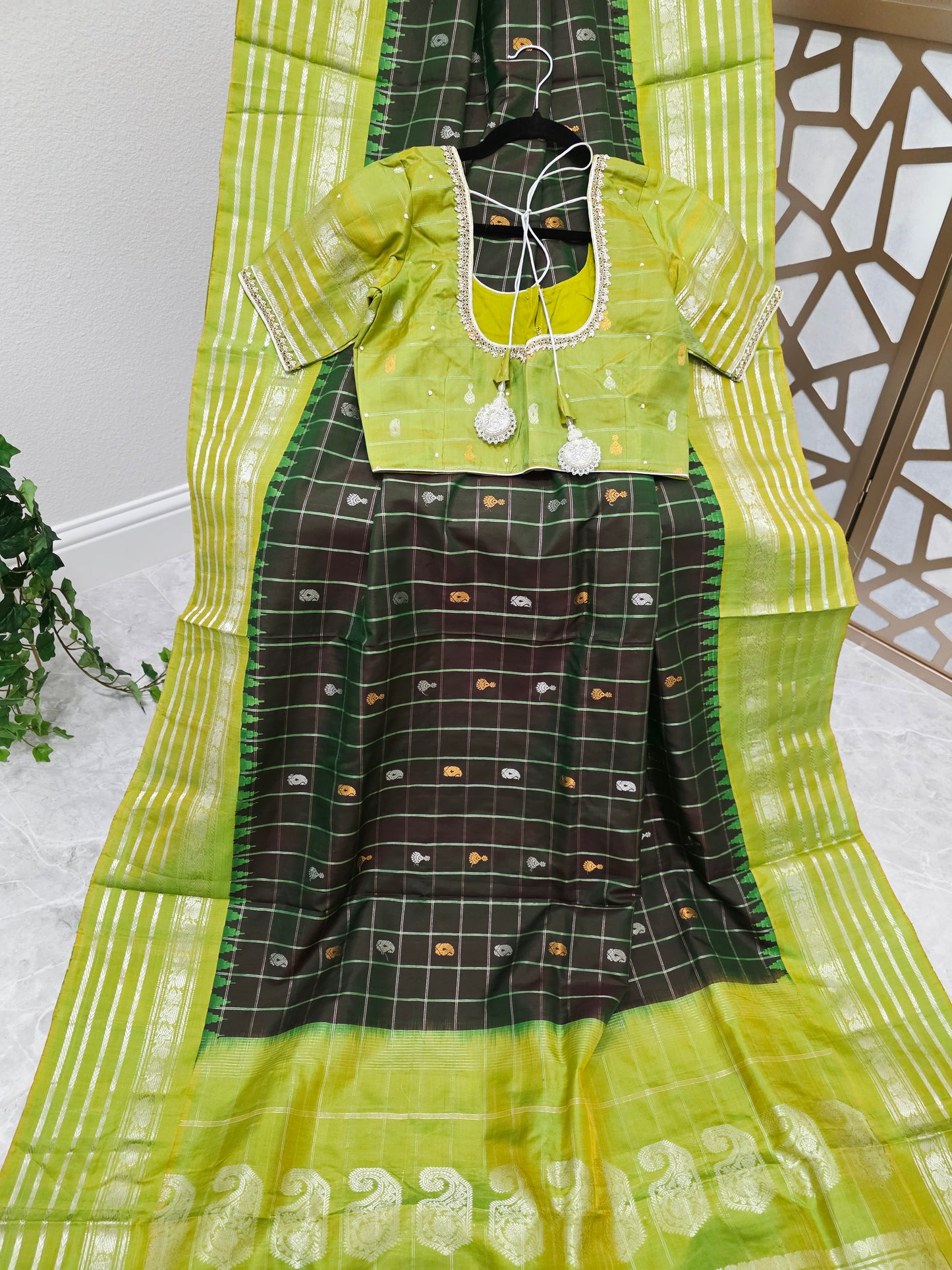 Dark Bottle Green Pure Gadwal Handloom Silk Saree with Lime Green Borders & Stitched Maggam Blouse Size 36, Extendable to 42