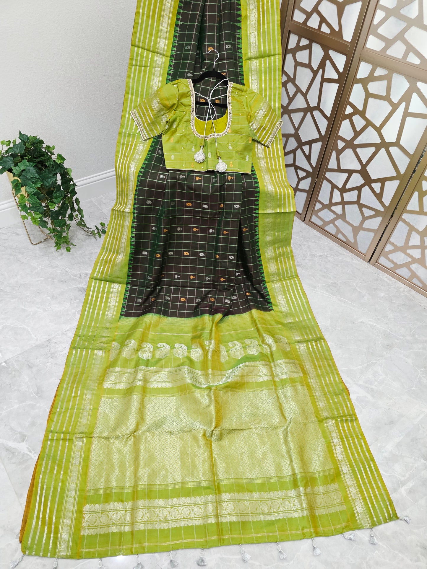 Dark Bottle Green Pure Gadwal Handloom Silk Saree with Lime Green Borders & Stitched Maggam Blouse Size 36, Extendable to 42