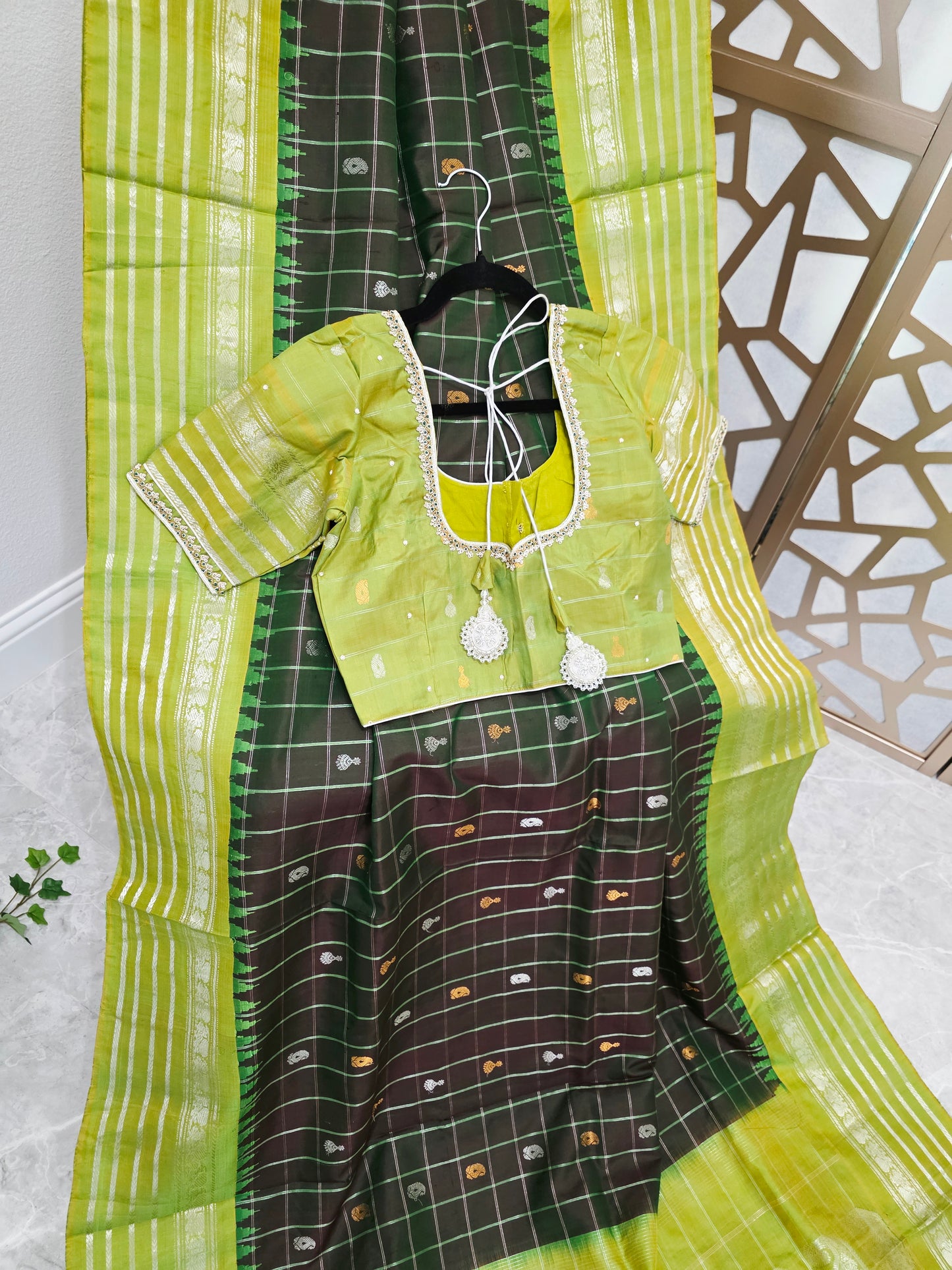 Dark Bottle Green Pure Gadwal Handloom Silk Saree with Lime Green Borders & Stitched Maggam Blouse Size 36, Extendable to 42