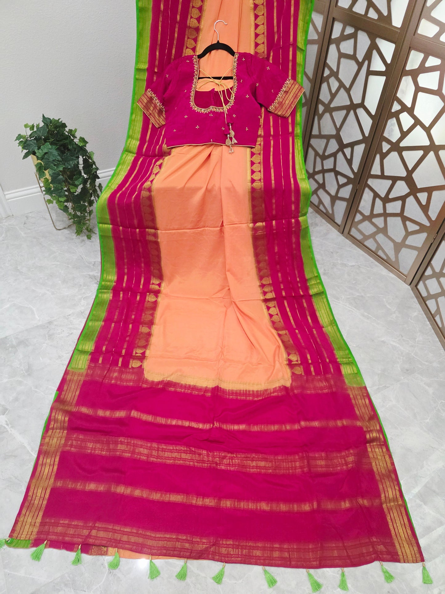 Peach Pure Mysore Crepe Silk Saree 120 GSM with Rani Pink & Lime Green Borders and Stitched Maggam Blouse Size 34, Extendable to 40