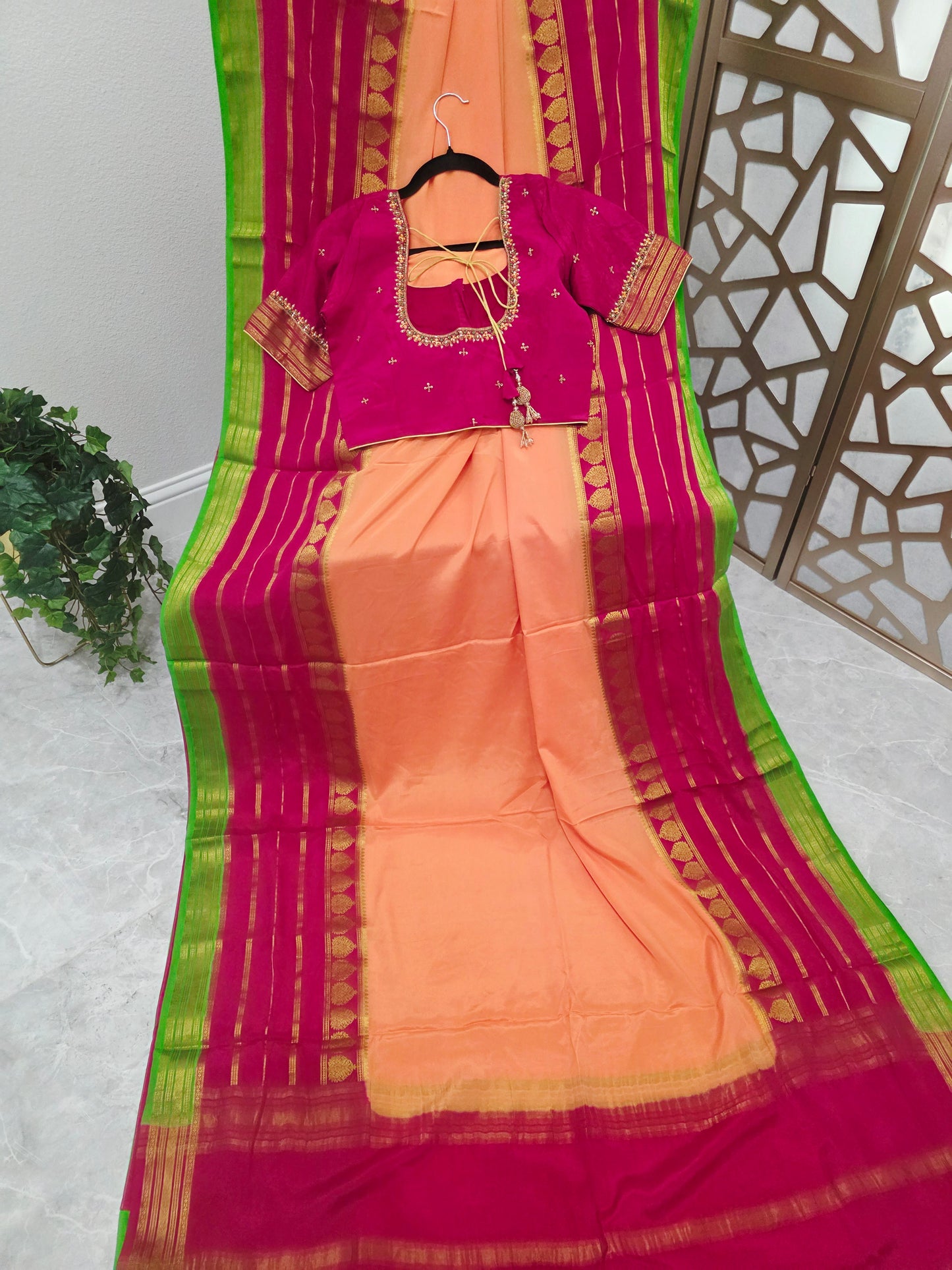 Peach Pure Mysore Crepe Silk Saree 120 GSM with Rani Pink & Lime Green Borders and Stitched Maggam Blouse Size 34, Extendable to 40
