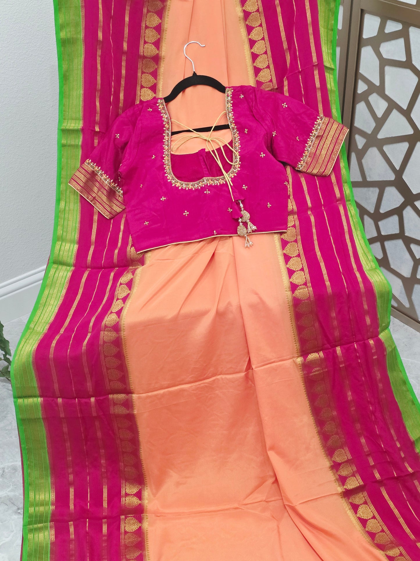 Peach Pure Mysore Crepe Silk Saree 120 GSM with Rani Pink & Lime Green Borders and Stitched Maggam Blouse Size 34, Extendable to 40
