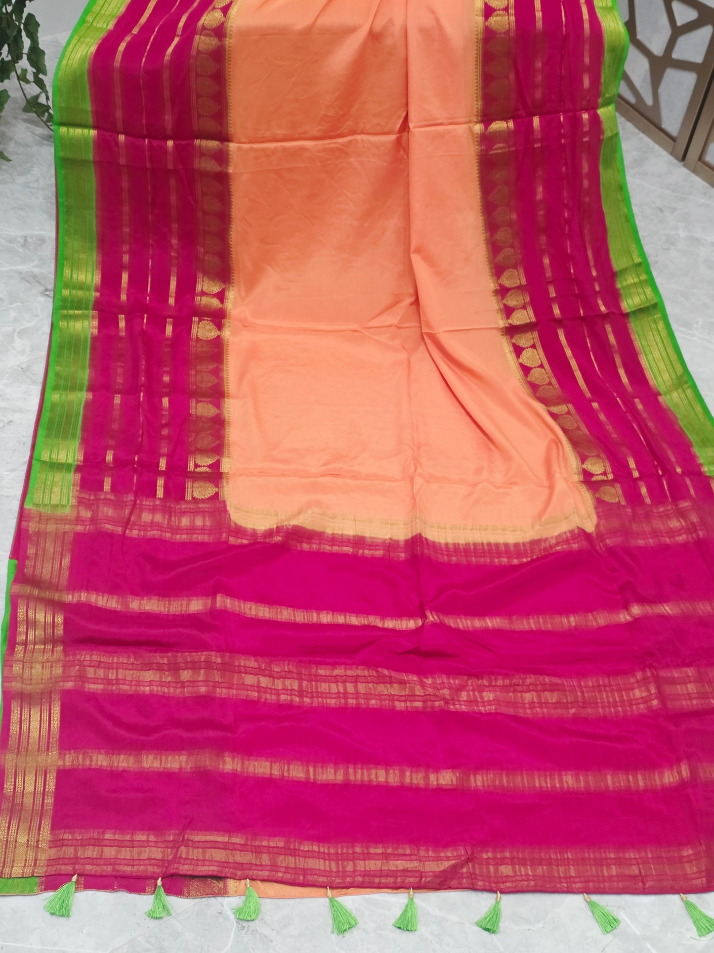 Peach Pure Mysore Crepe Silk Saree 120 GSM with Rani Pink & Lime Green Borders and Stitched Maggam Blouse Size 34, Extendable to 40