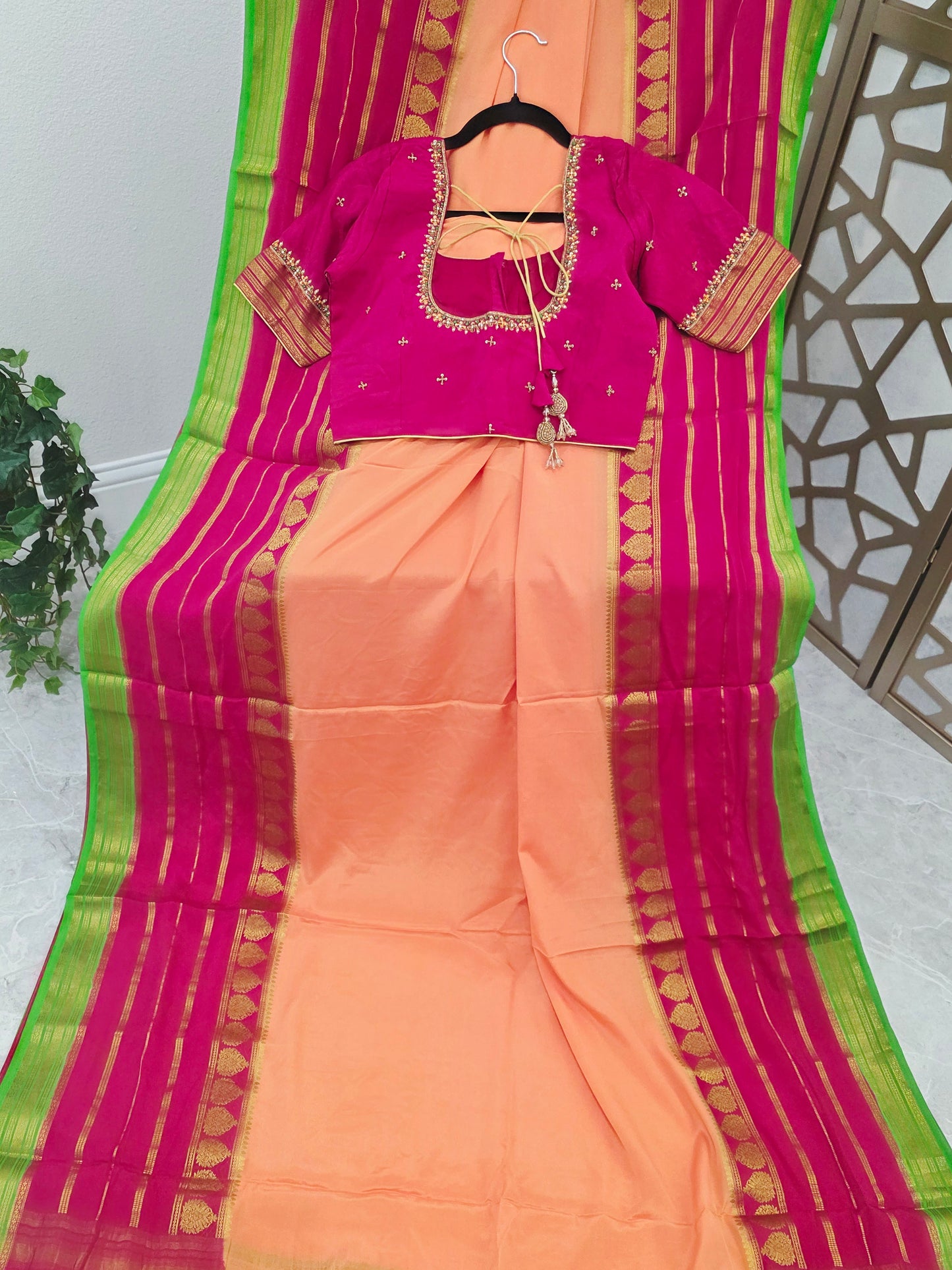 Peach Pure Mysore Crepe Silk Saree 120 GSM with Rani Pink & Lime Green Borders and Stitched Maggam Blouse Size 34, Extendable to 40