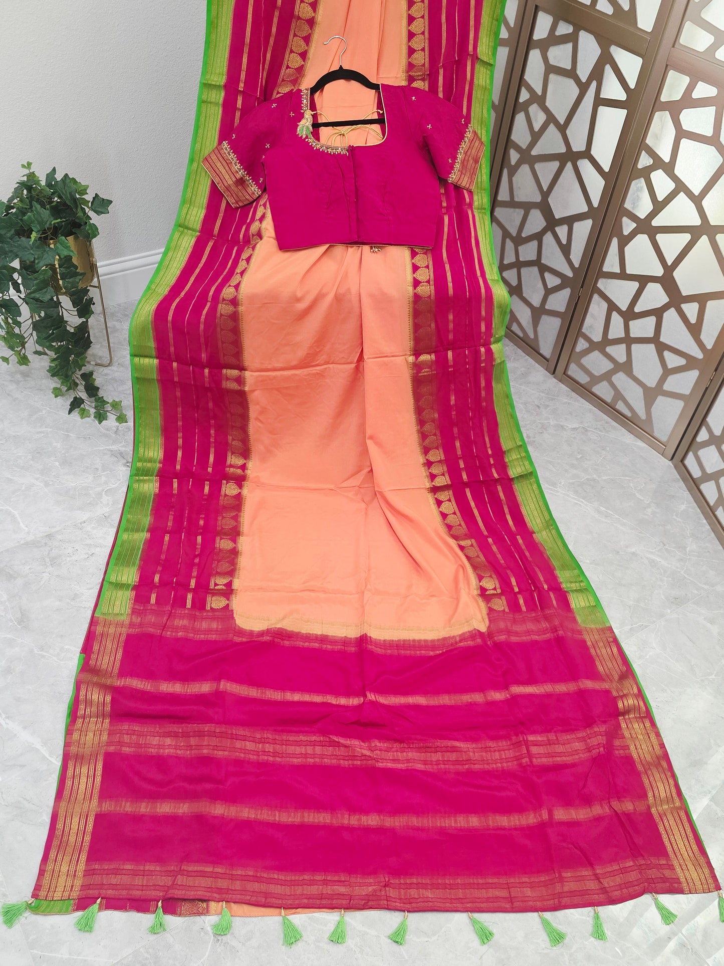 Peach Pure Mysore Crepe Silk Saree 120 GSM with Rani Pink & Lime Green Borders and Stitched Maggam Blouse Size 34, Extendable to 40