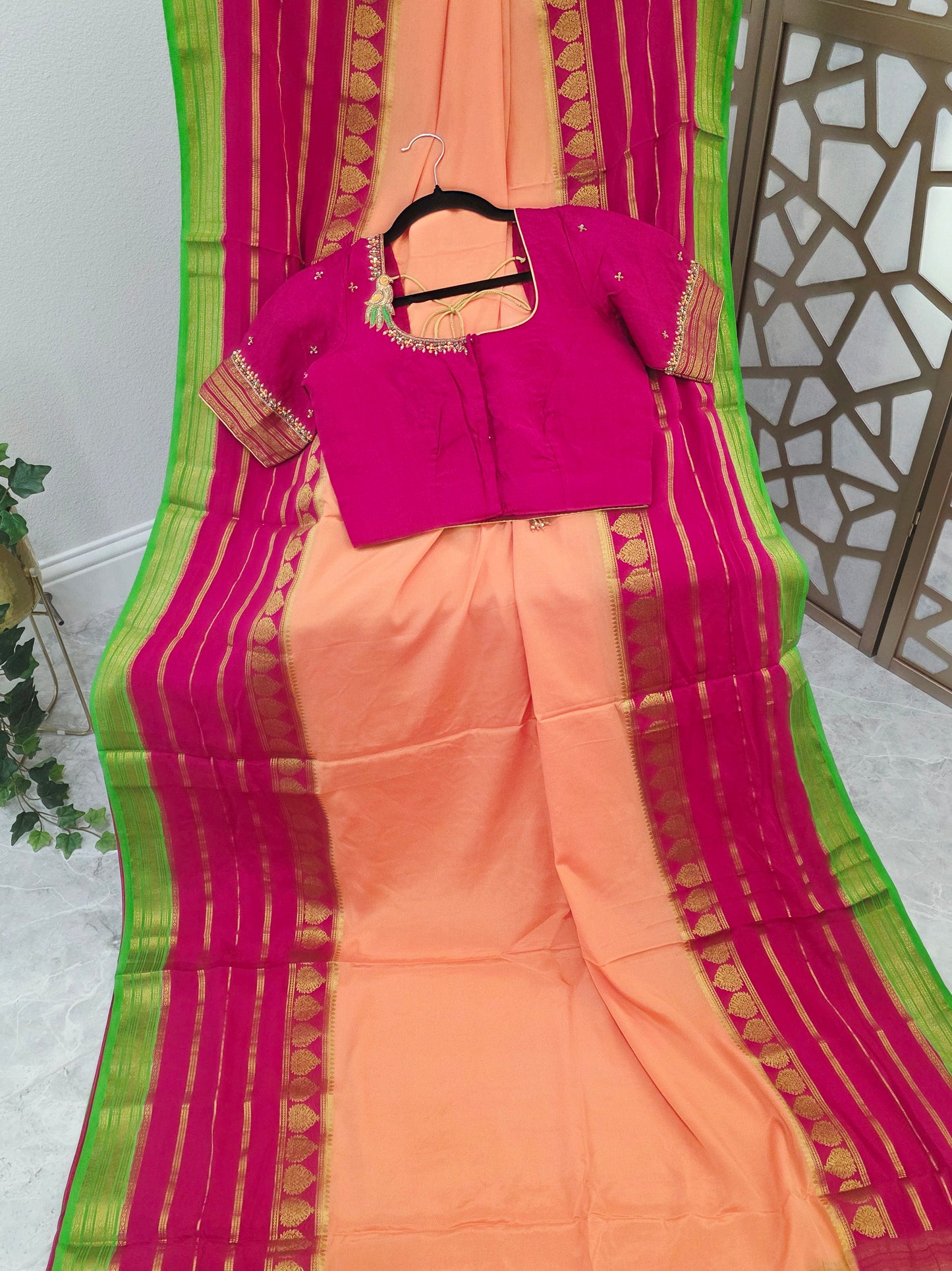 Peach Pure Mysore Crepe Silk Saree 120 GSM with Rani Pink & Lime Green Borders and Stitched Maggam Blouse Size 34, Extendable to 40