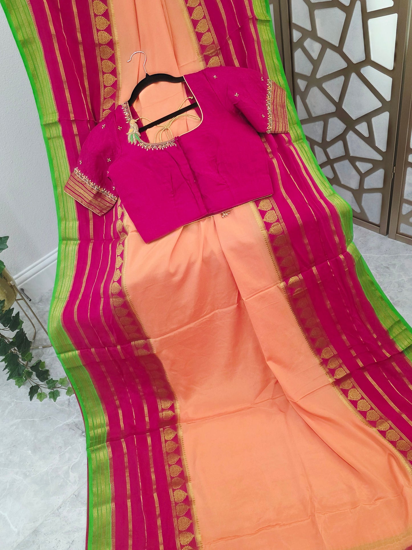 Peach Pure Mysore Crepe Silk Saree 120 GSM with Rani Pink & Lime Green Borders and Stitched Maggam Blouse Size 34, Extendable to 40