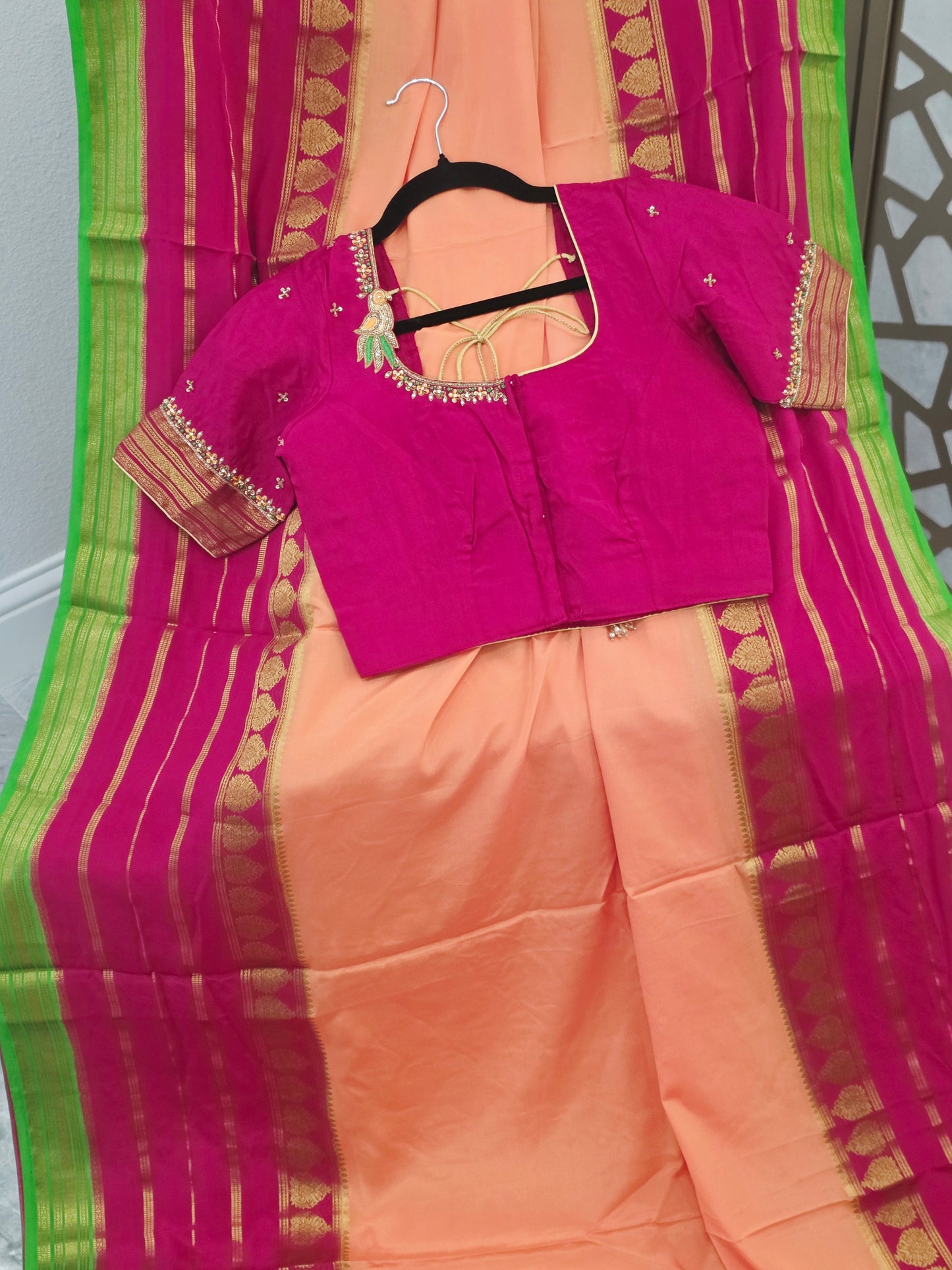 Peach Pure Mysore Crepe Silk Saree 120 GSM with Rani Pink & Lime Green Borders and Stitched Maggam Blouse Size 34, Extendable to 40