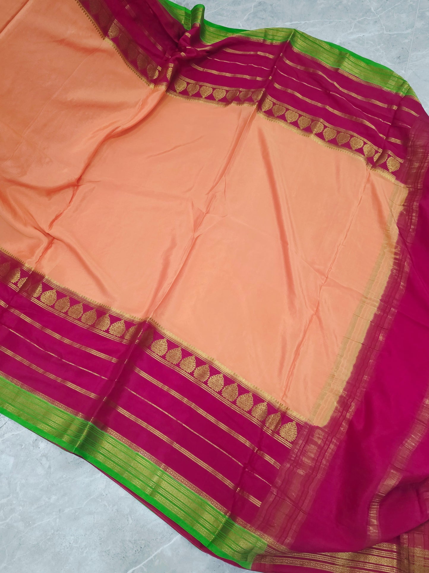 Peach Pure Mysore Crepe Silk Saree 120 GSM with Rani Pink & Lime Green Borders and Stitched Maggam Blouse Size 34, Extendable to 40