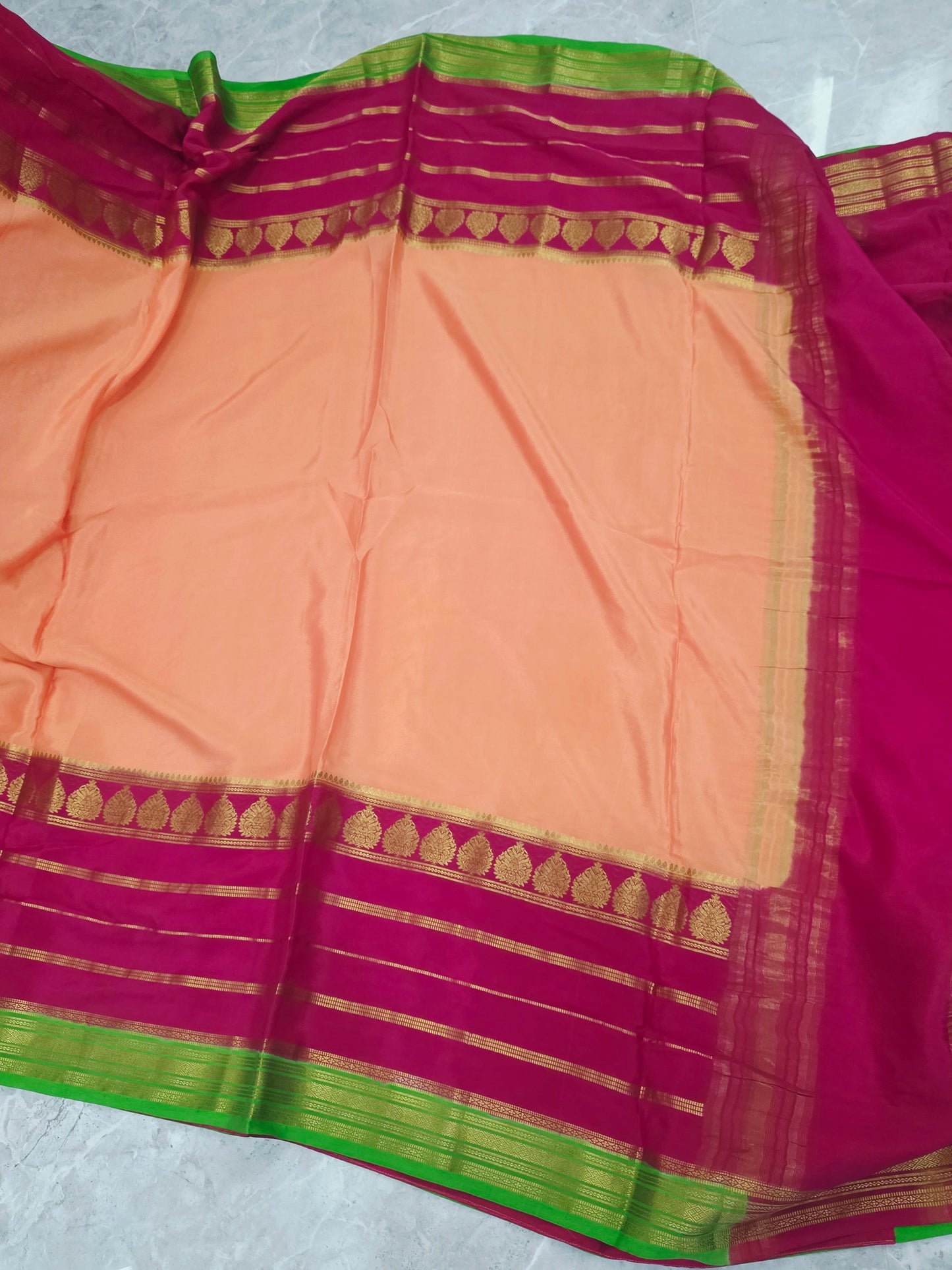 Peach Pure Mysore Crepe Silk Saree 120 GSM with Rani Pink & Lime Green Borders and Stitched Maggam Blouse Size 34, Extendable to 40