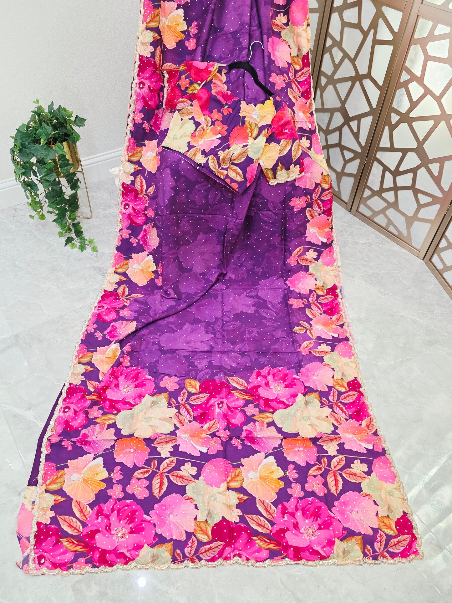 Amethyst Purple Floral Russian Crepe Silk Saree with Scalloped Sequin Border & Matching Stitched Blouse Size 36, Extendable to 42