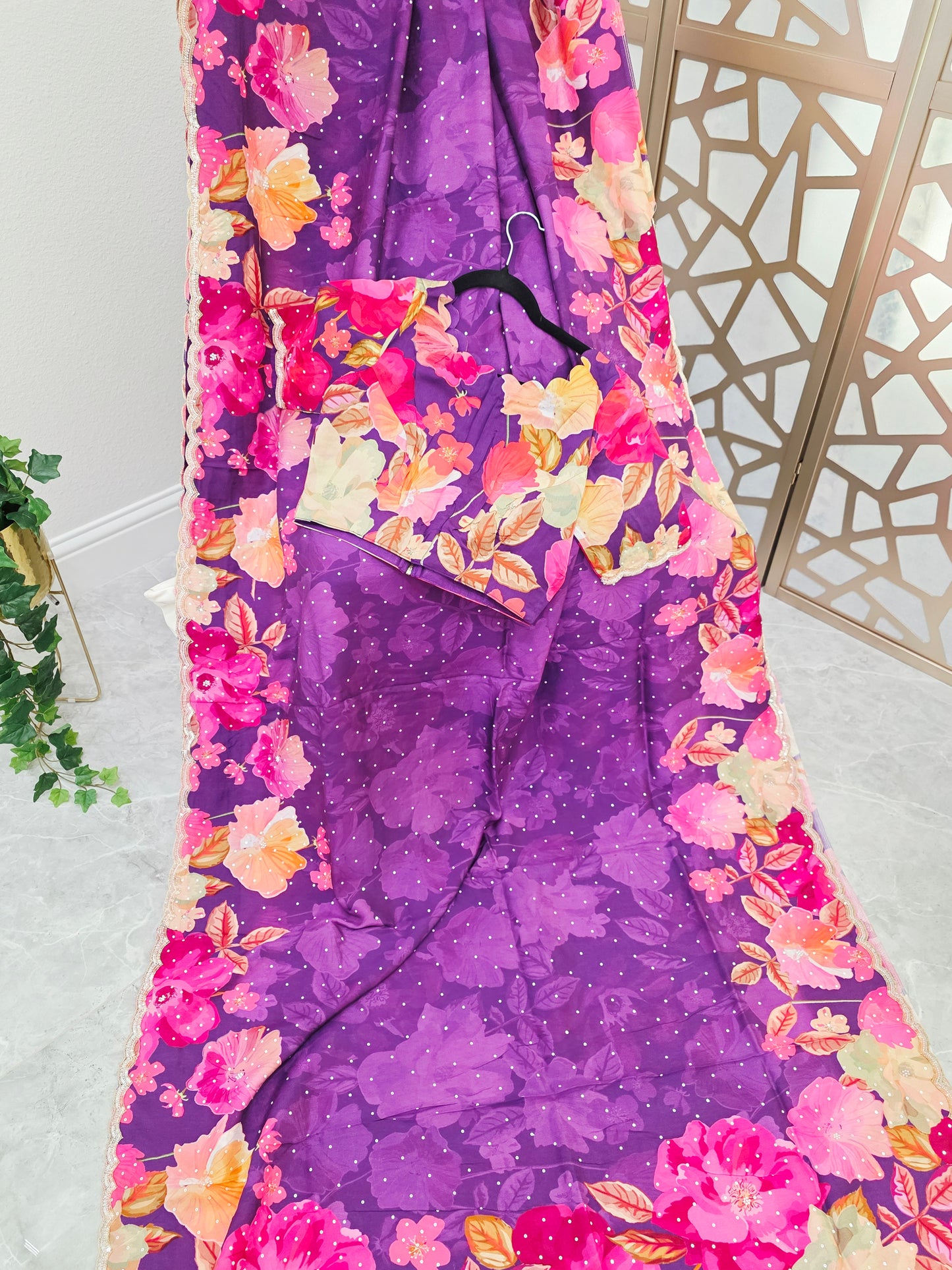 Amethyst Purple Floral Russian Crepe Silk Saree with Scalloped Sequin Border & Matching Stitched Blouse Size 36, Extendable to 42